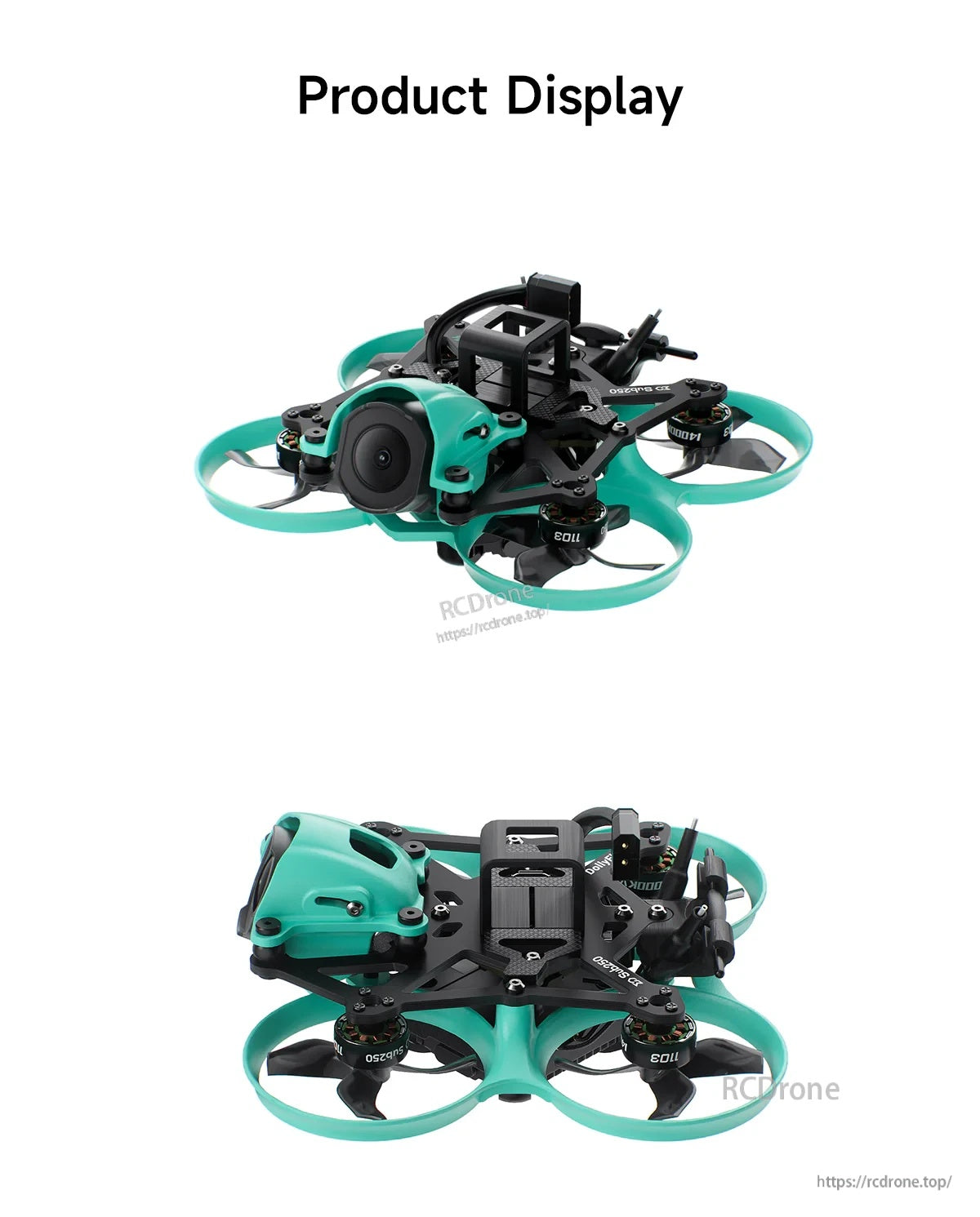 Sub250 DollyFly16 1.6-inch 2S Whoop FPV drone product display, front and top views
