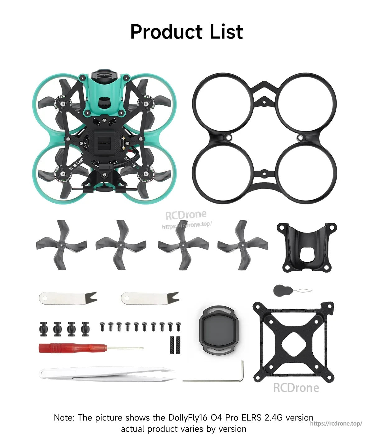 What’s included layout: drone, black protective frame, props, tools, mounts, damping balls, ND8 filter