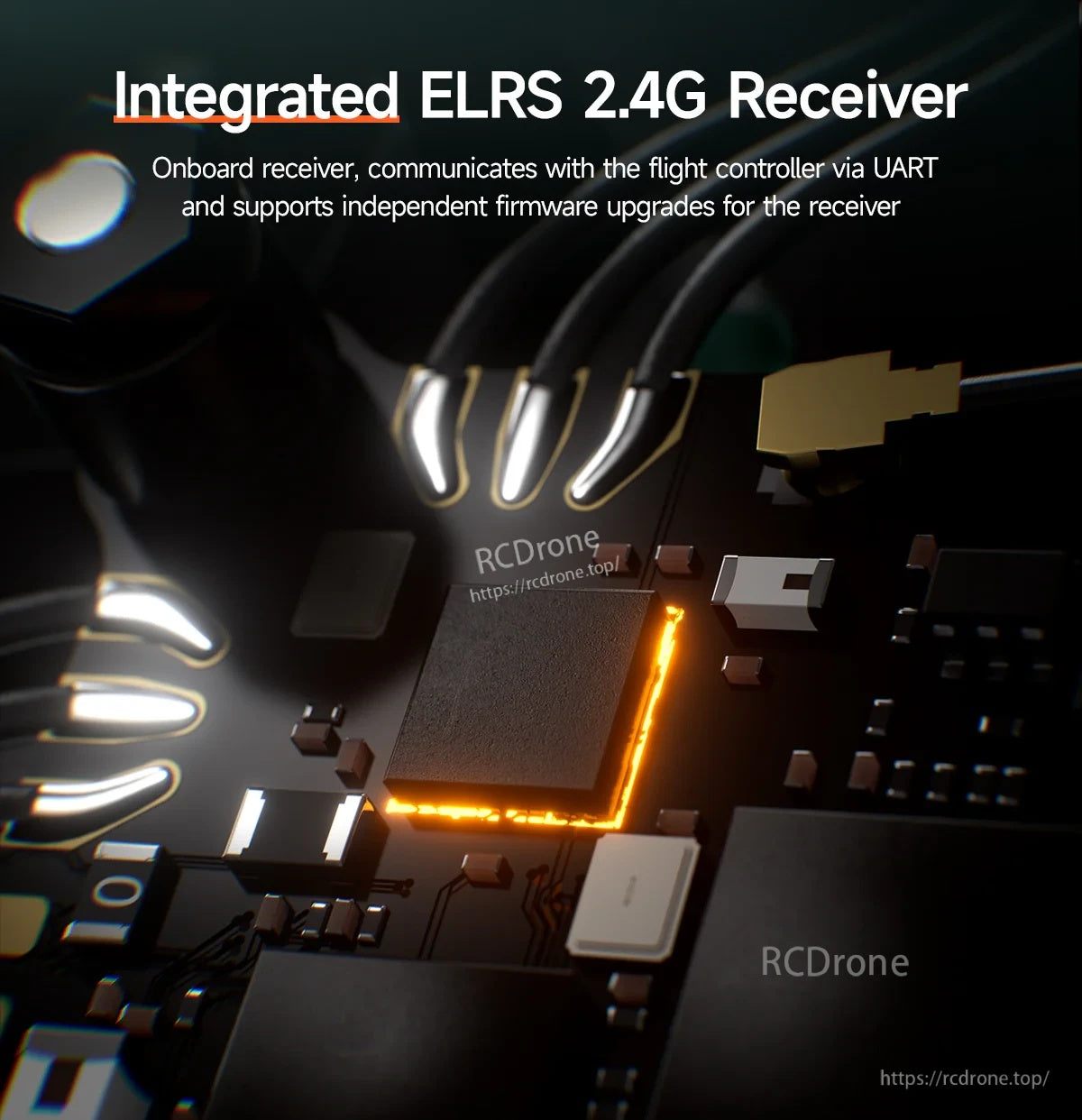 Integrated ELRS 2.4G receiver concept graphic showing onboard receiver communication via UART