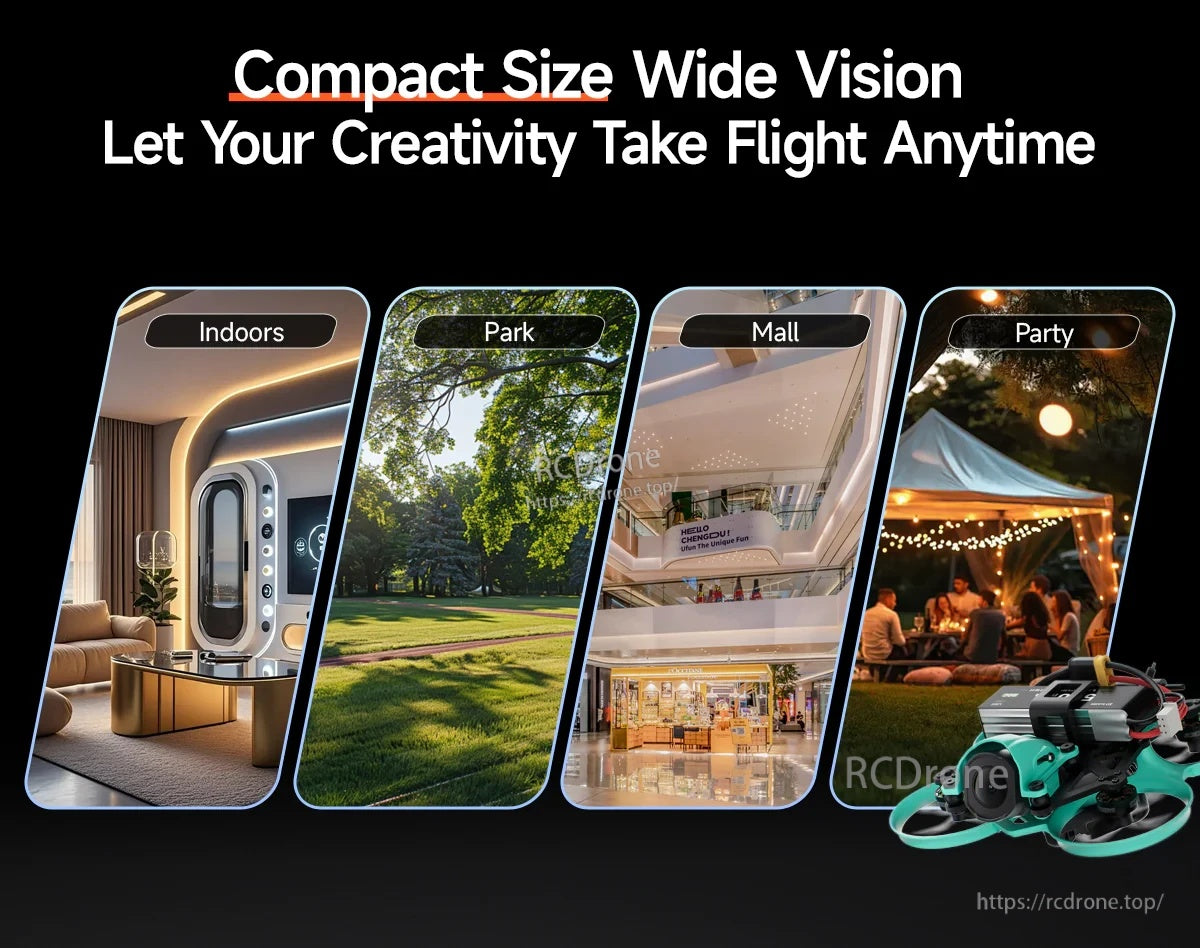Lifestyle use cases graphic for compact whoop flying indoors, parks, malls, and parties