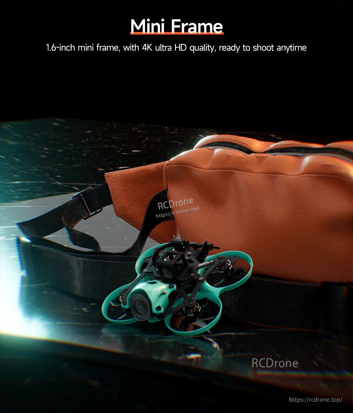 Compact DollyFly16 1.6-inch whoop FPV drone shown next to a bag for pocket-size scale