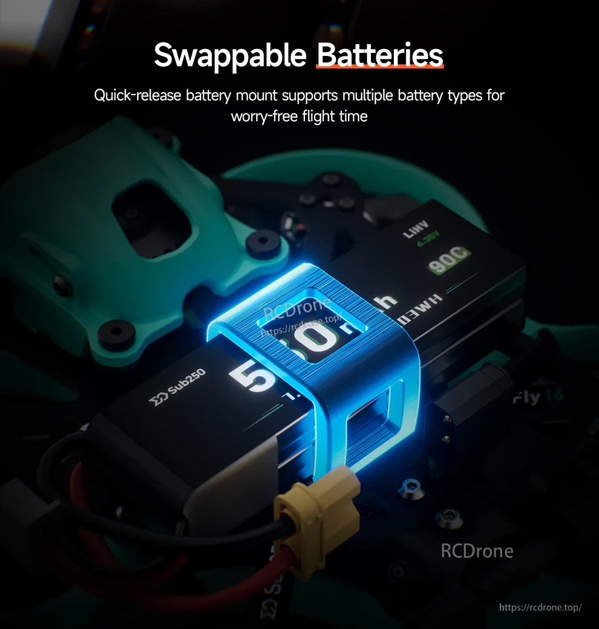 Quick-release battery mount close-up on DollyFly16, showing easy 2S battery strap swap system