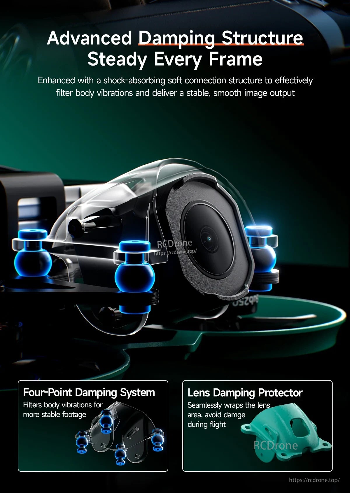Close-up of DollyFly16 camera with four-point vibration damping and lens damping protector