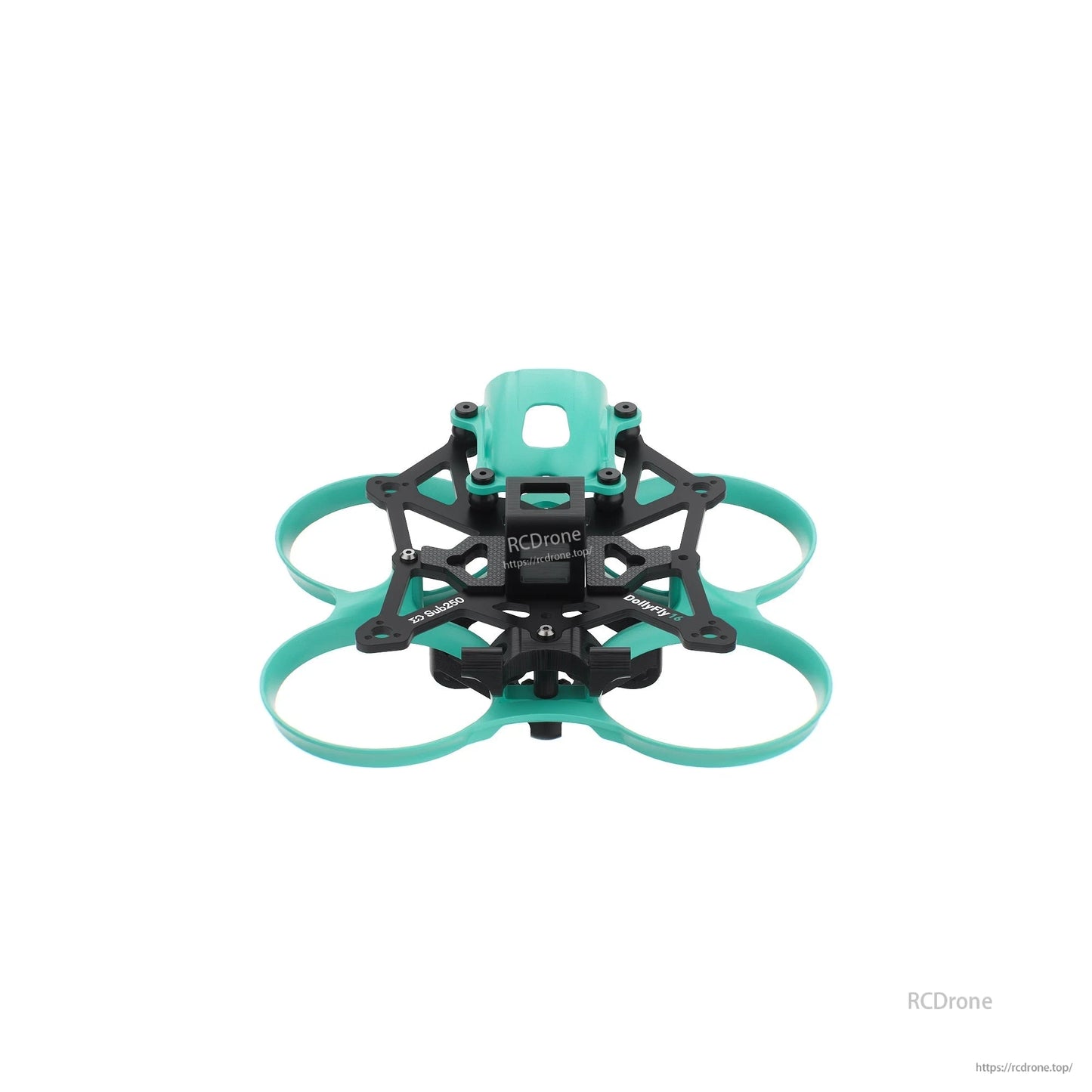 Front view of ducted drone frame with teal canopy opening and stacked plate structure