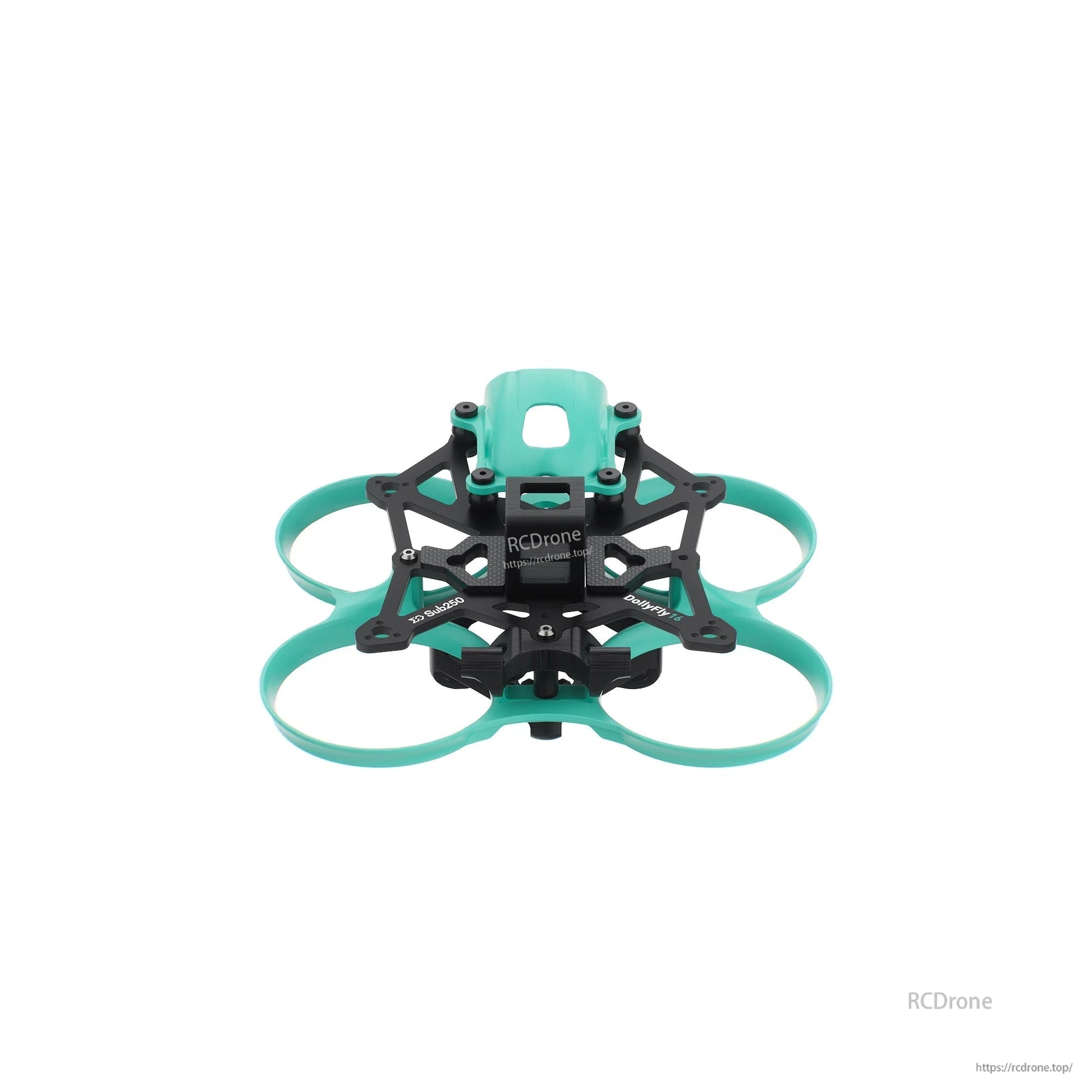 Front view of ducted drone frame with teal canopy opening and stacked plate structure