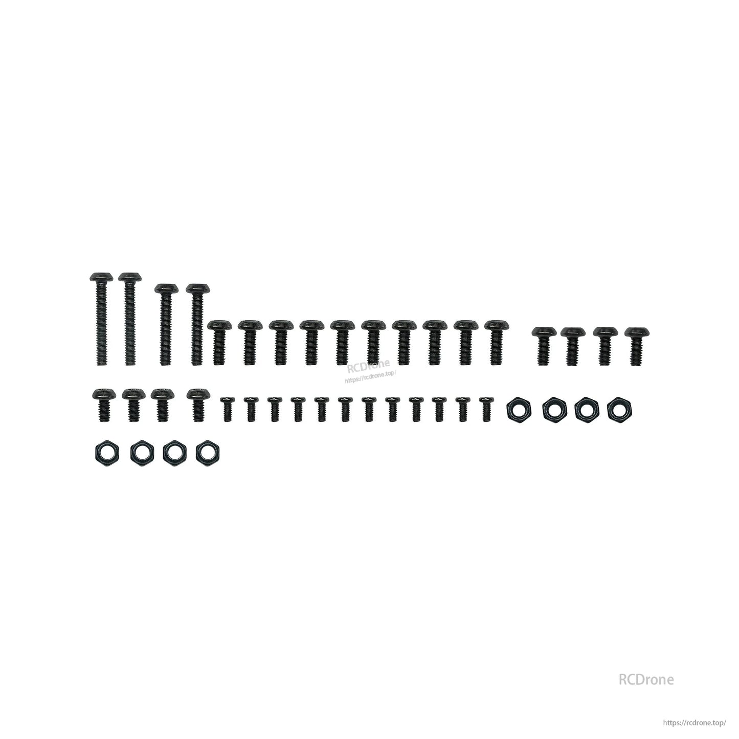 Included hardware set with assorted screws, small bolts, and hex nuts laid out by size
