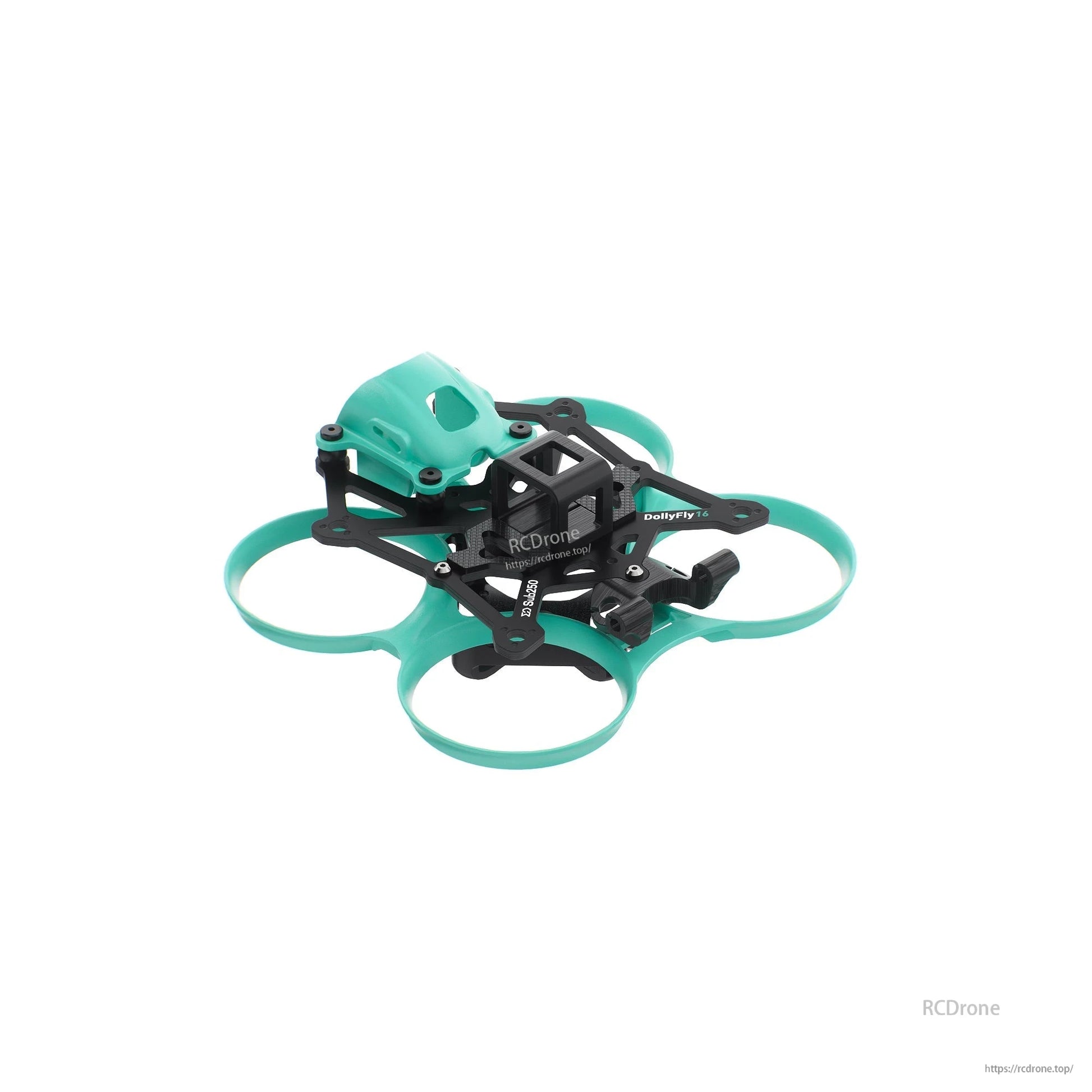 Front-left angle of ducted quad frame with teal canopy piece and stacked frame plates