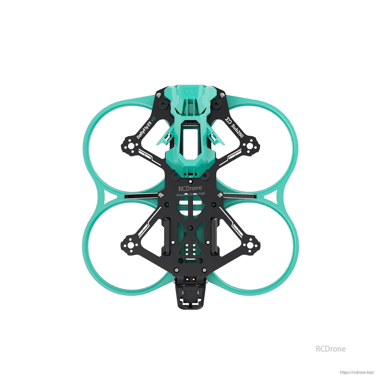 Full top view of the frame assembly with teal prop guard ducts and carbon fiber plates