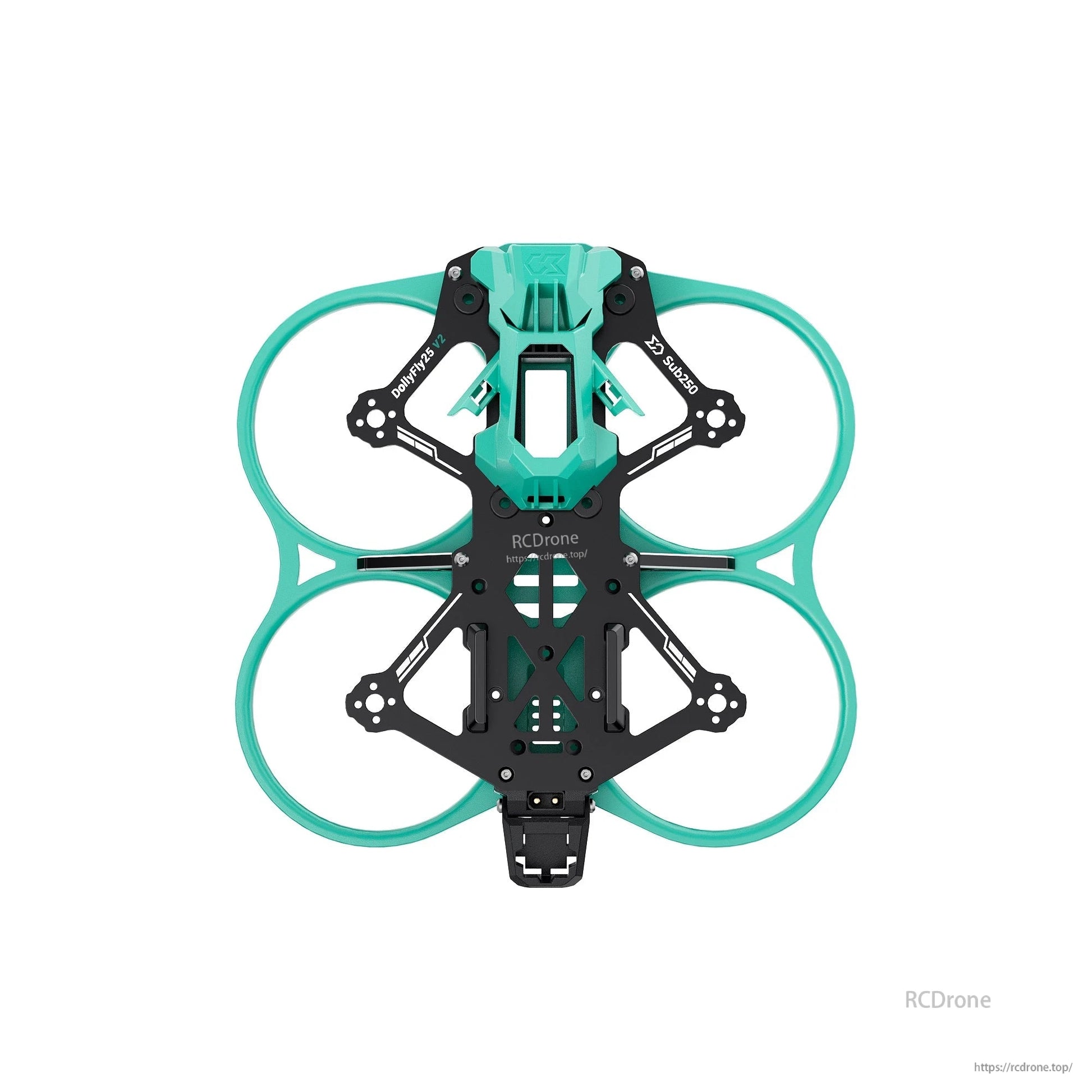 Full top view of the frame assembly with teal prop guard ducts and carbon fiber plates