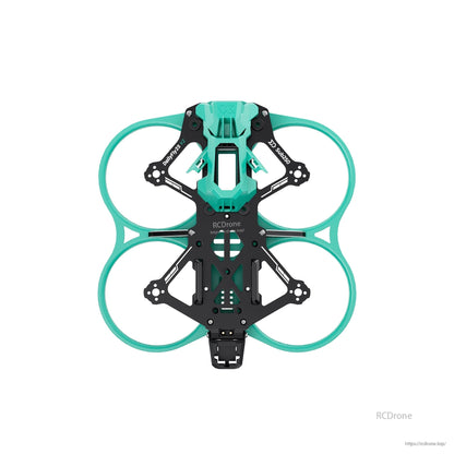 Full top view of the frame assembly with teal prop guard ducts and carbon fiber plates