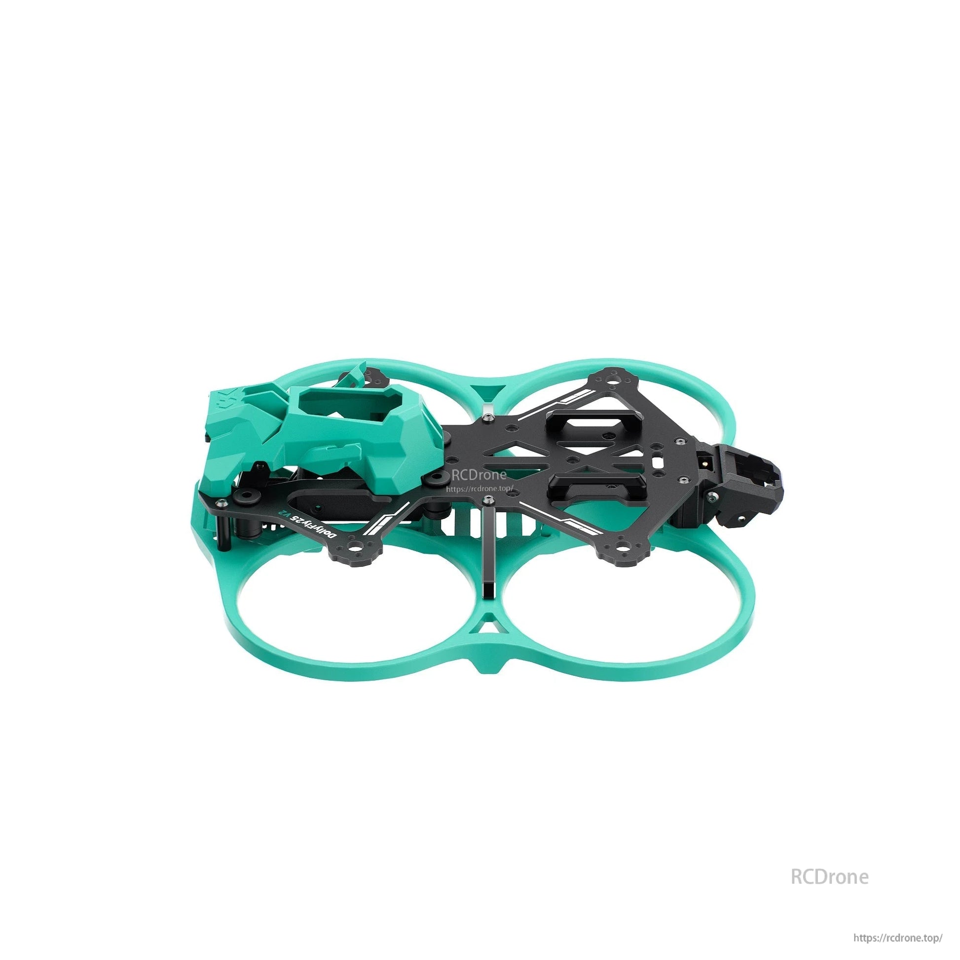 Side profile view of the frame with teal ducts, showing nose camera mount area and rear mount
