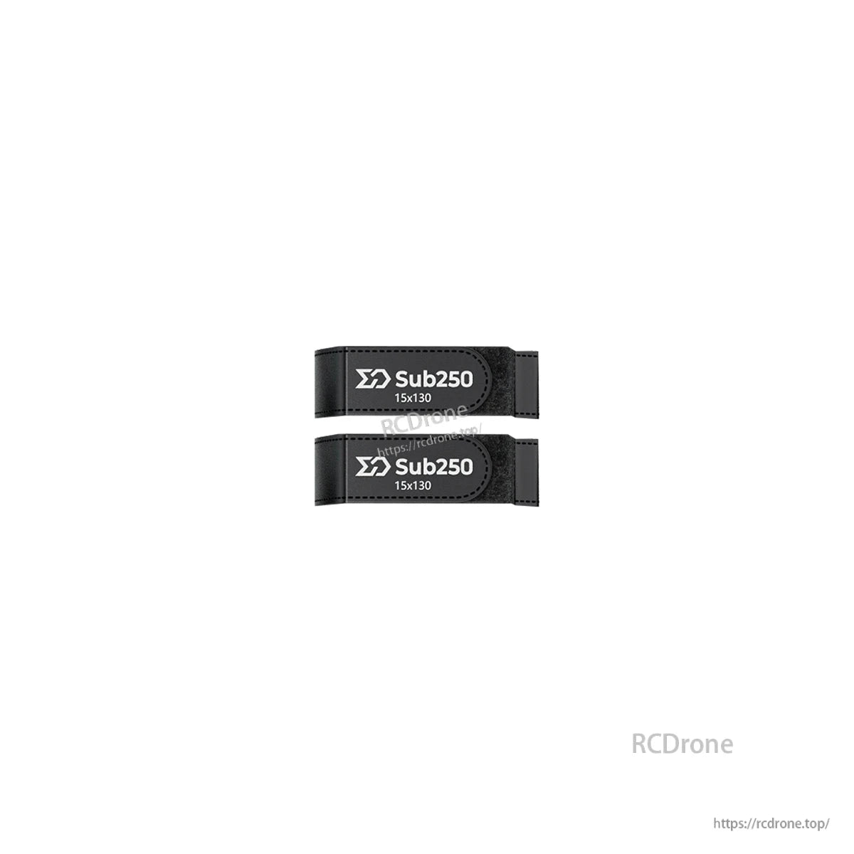Two black Sub250 battery straps labeled 15x130 for securing LiPo on the frame