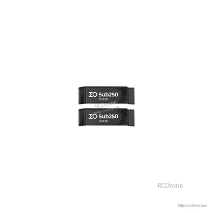 Two black Sub250 battery straps labeled 15x130 for securing LiPo on the frame