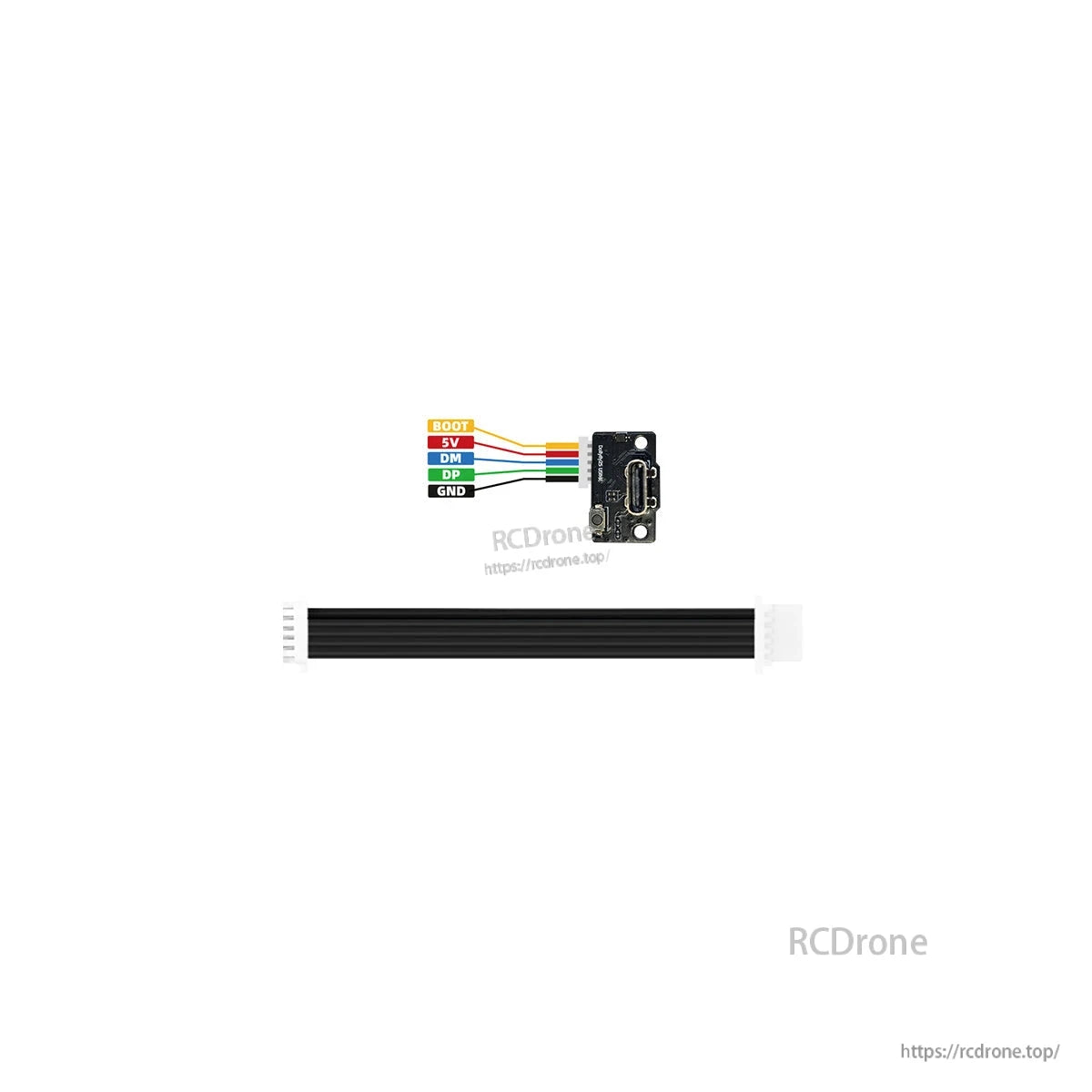 USB-C breakout board with labeled wire pads and included ribbon cable for electronics wiring