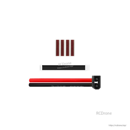 Wiring and adhesive set with red/black leads, foam tape strip, and small brown pads