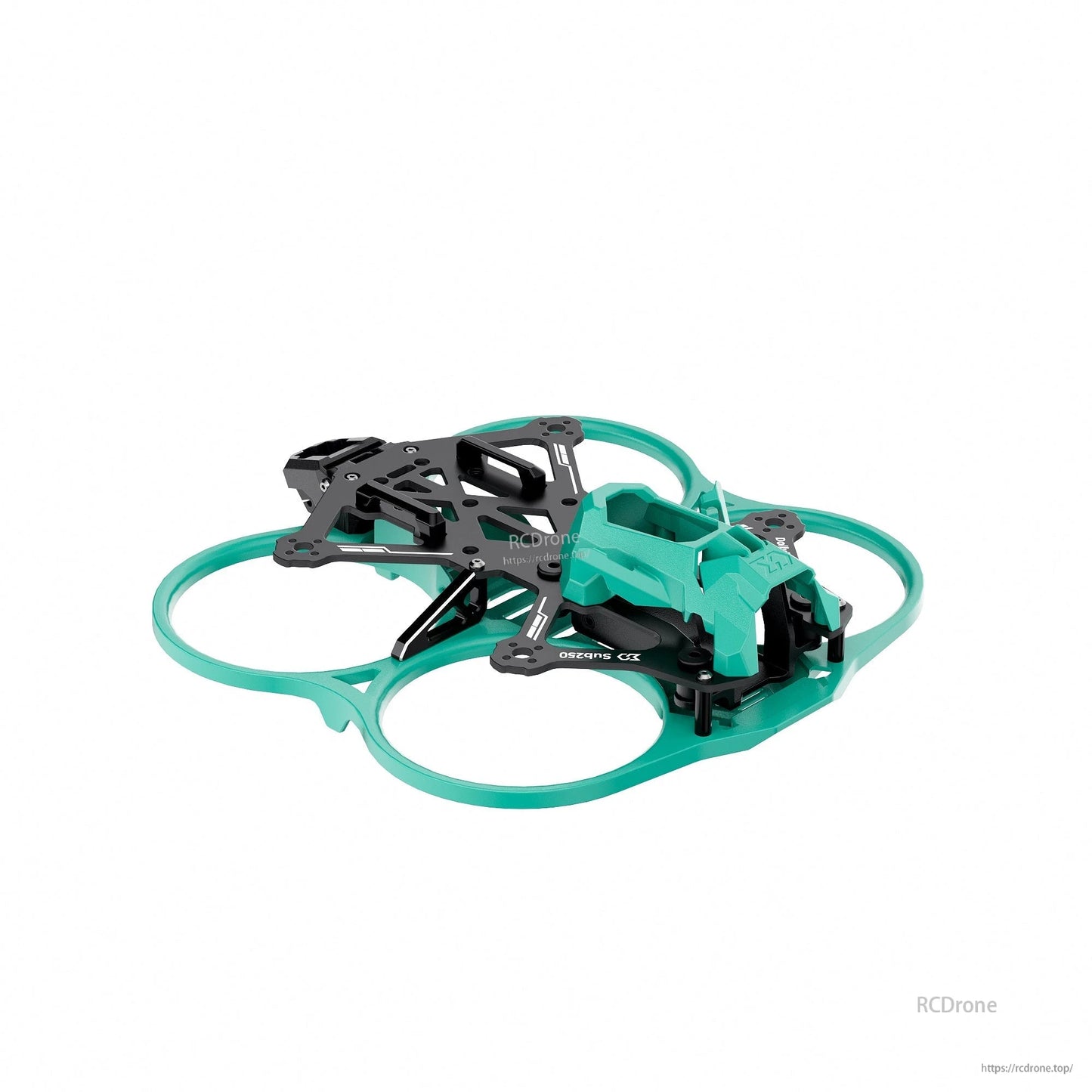 Angled side view showing carbon top plate and teal canopy on the 2.5in whoop-style frame