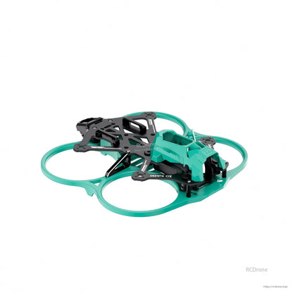 Angled side view showing carbon top plate and teal canopy on the 2.5in whoop-style frame