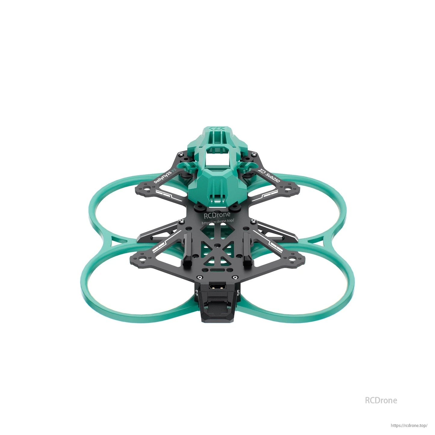 Top-down view of Sub250 DollyFly25 DF25 V2 120mm 2.5in FPV frame with teal prop guards