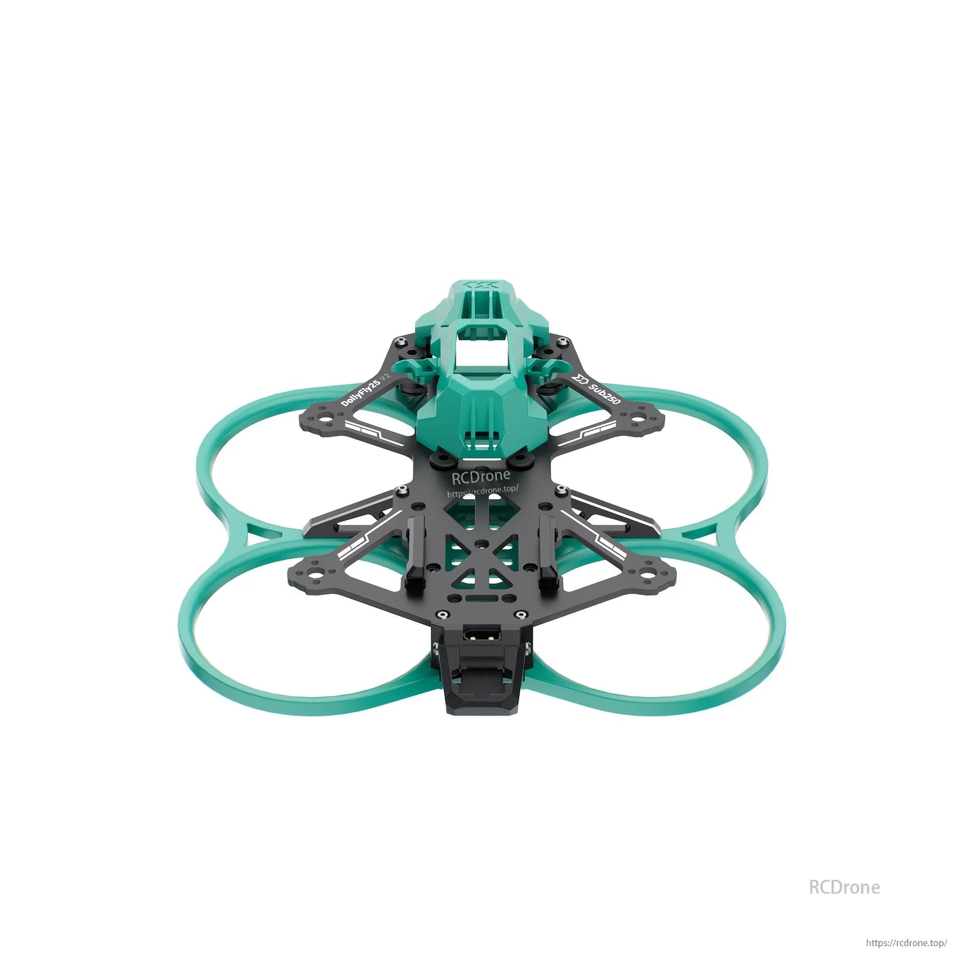 Top-down view of Sub250 DollyFly25 DF25 V2 120mm 2.5in FPV frame with teal prop guards
