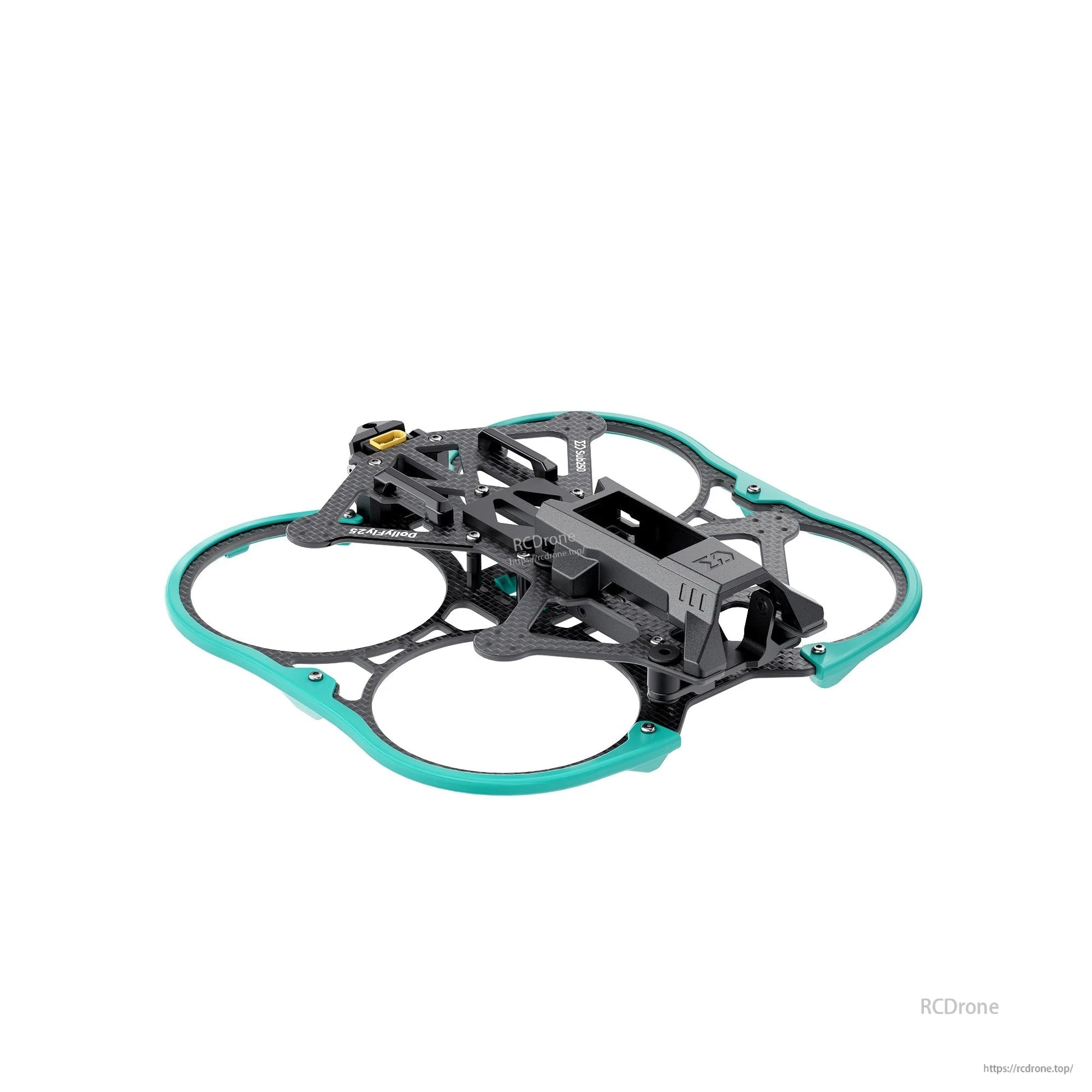 Angled side view showing top cover and front section of the carbon ducted frame