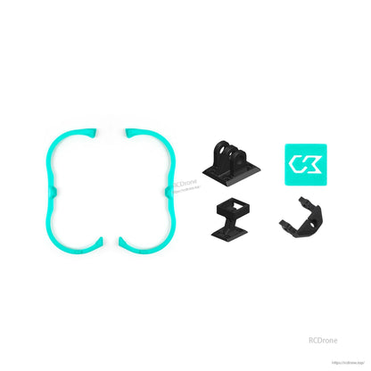 Teal duct guard set with assorted 3D printed mounts and logo pad, parts laid out
