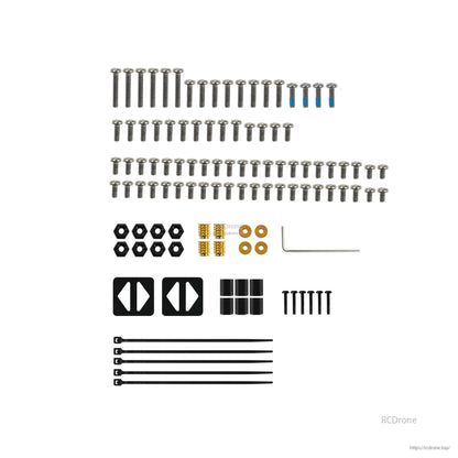 Full hardware kit: assorted screws, nuts, brass inserts, washers, zip ties, and hex key