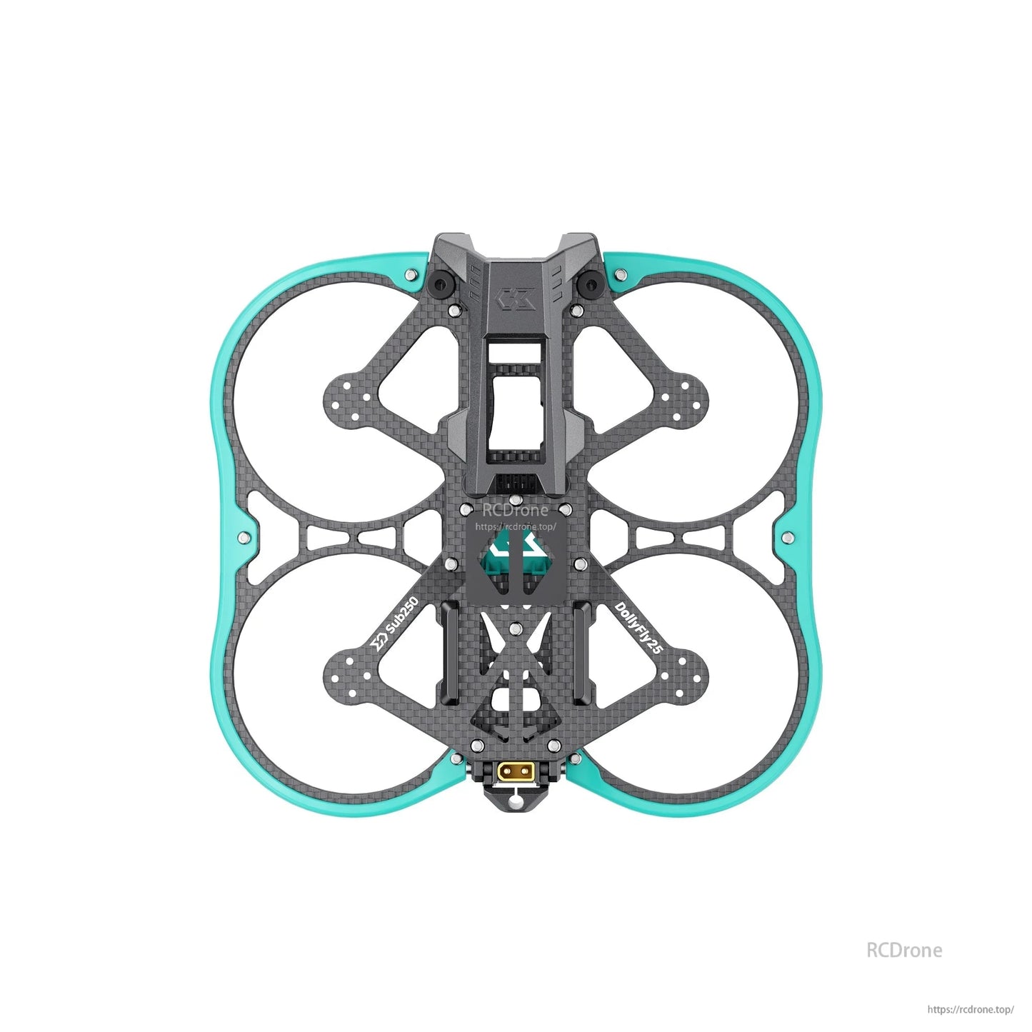 Top-down layout of DollyFly25 O3 frame showing carbon plate geometry and duct guard outline