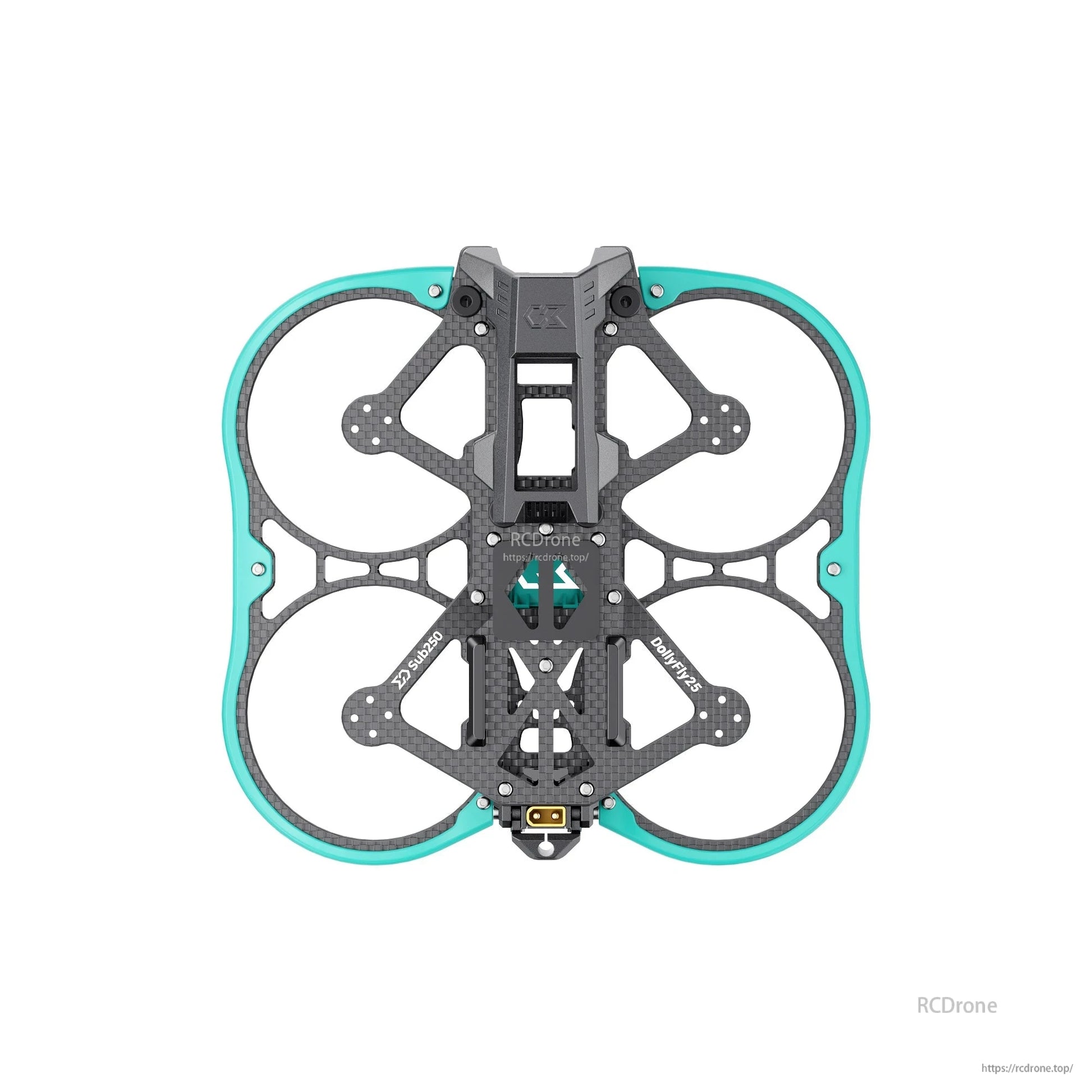 Top-down layout of DollyFly25 O3 frame showing carbon plate geometry and duct guard outline