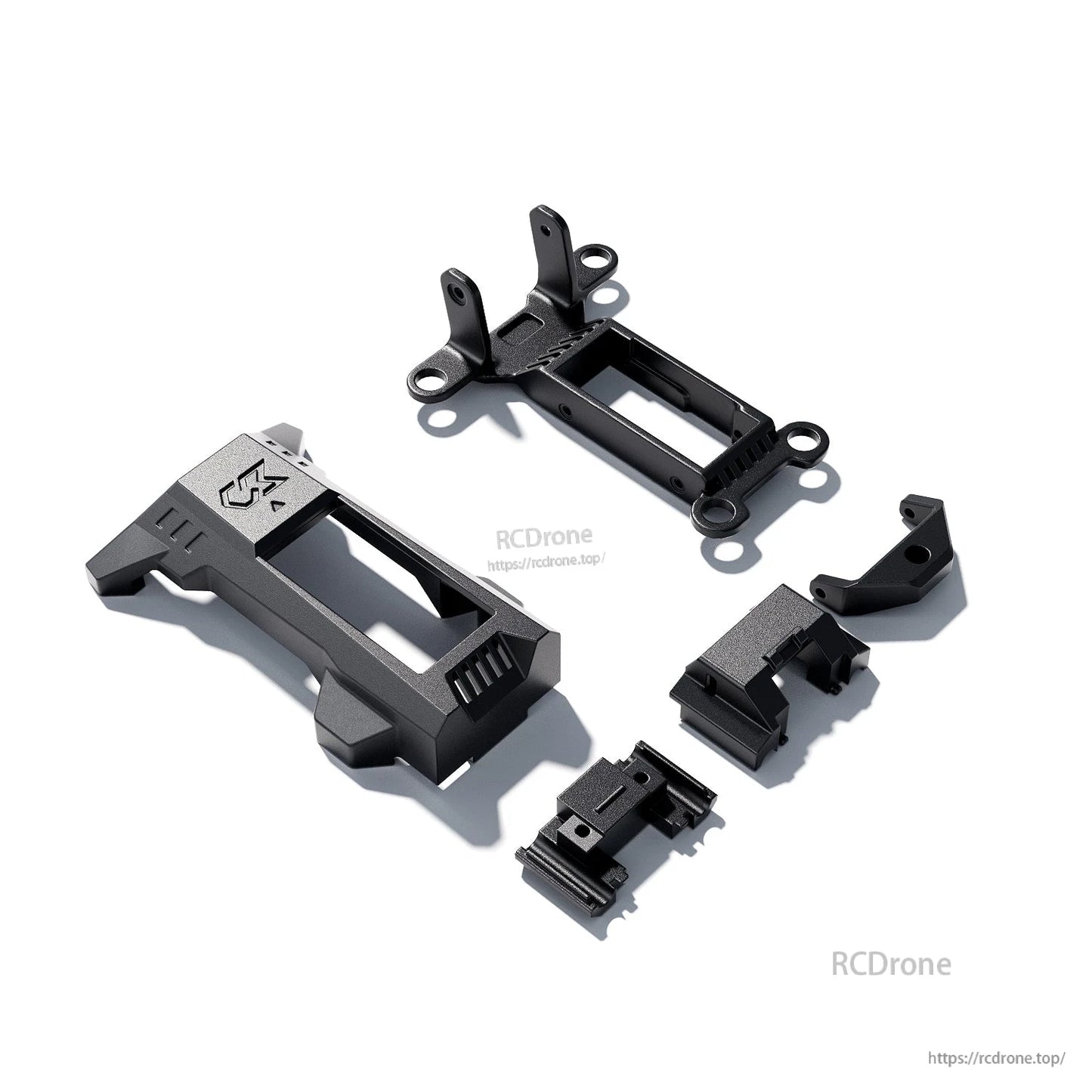 Close-up of 3D printed mounts and brackets for the frame kit, shown from different angles