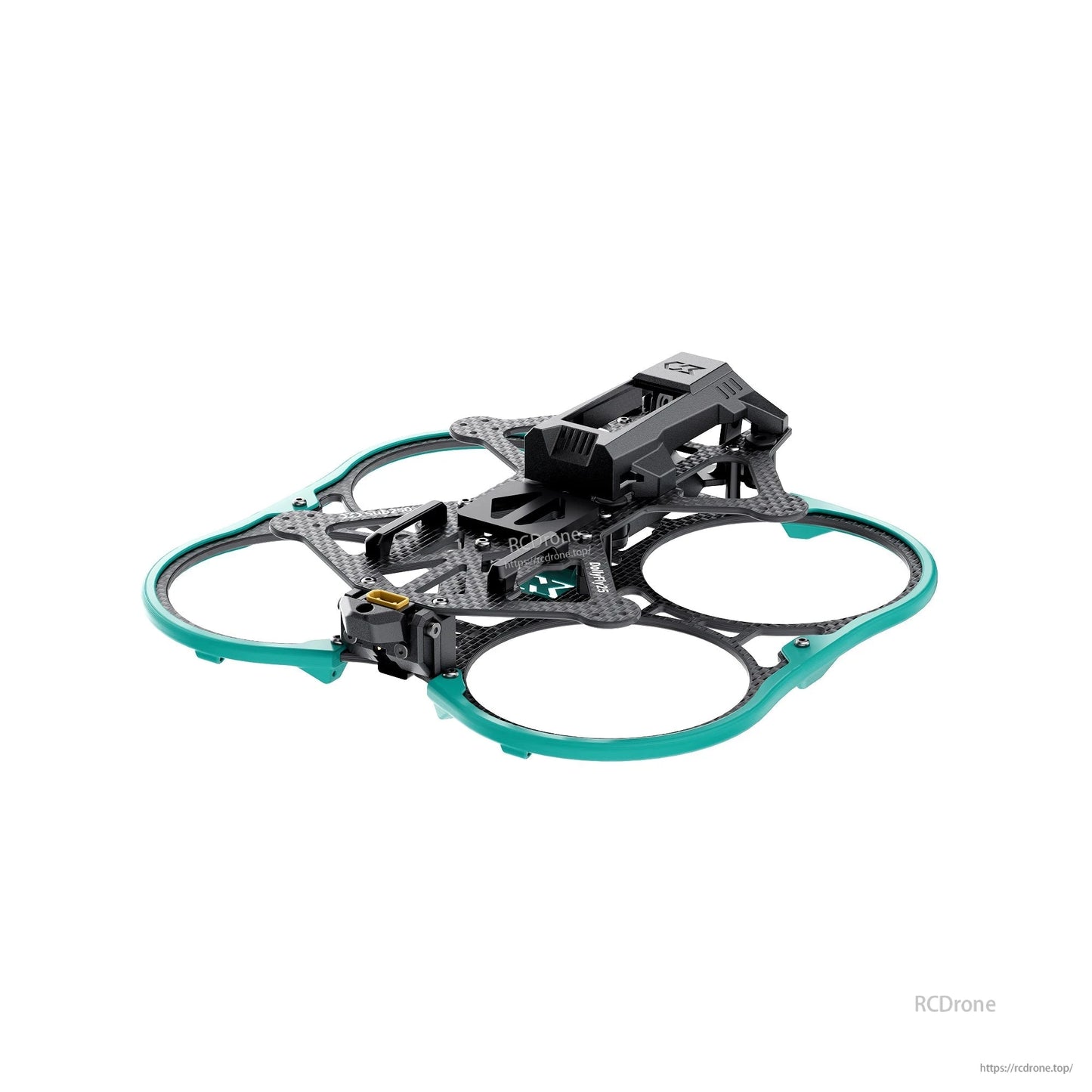 Angled rear view of assembled ducted frame showing rear mount area and carbon bracing