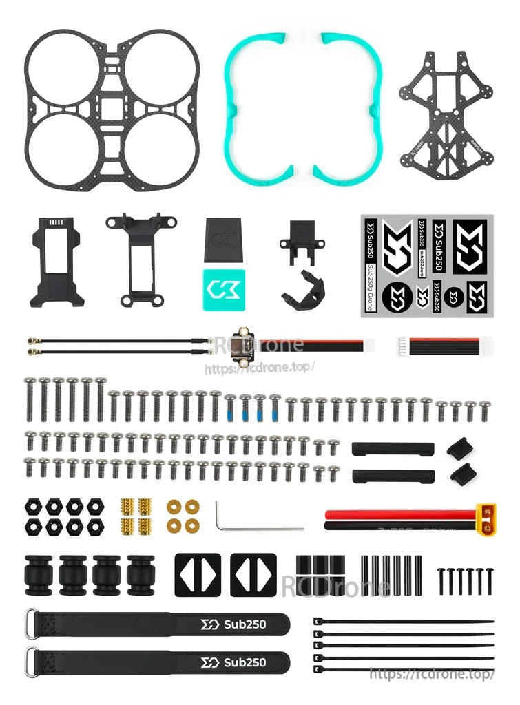 Sub250 DollyFly25 O3 120mm FPV frame kit parts layout with plates, prop guards, hardware, straps and stickers