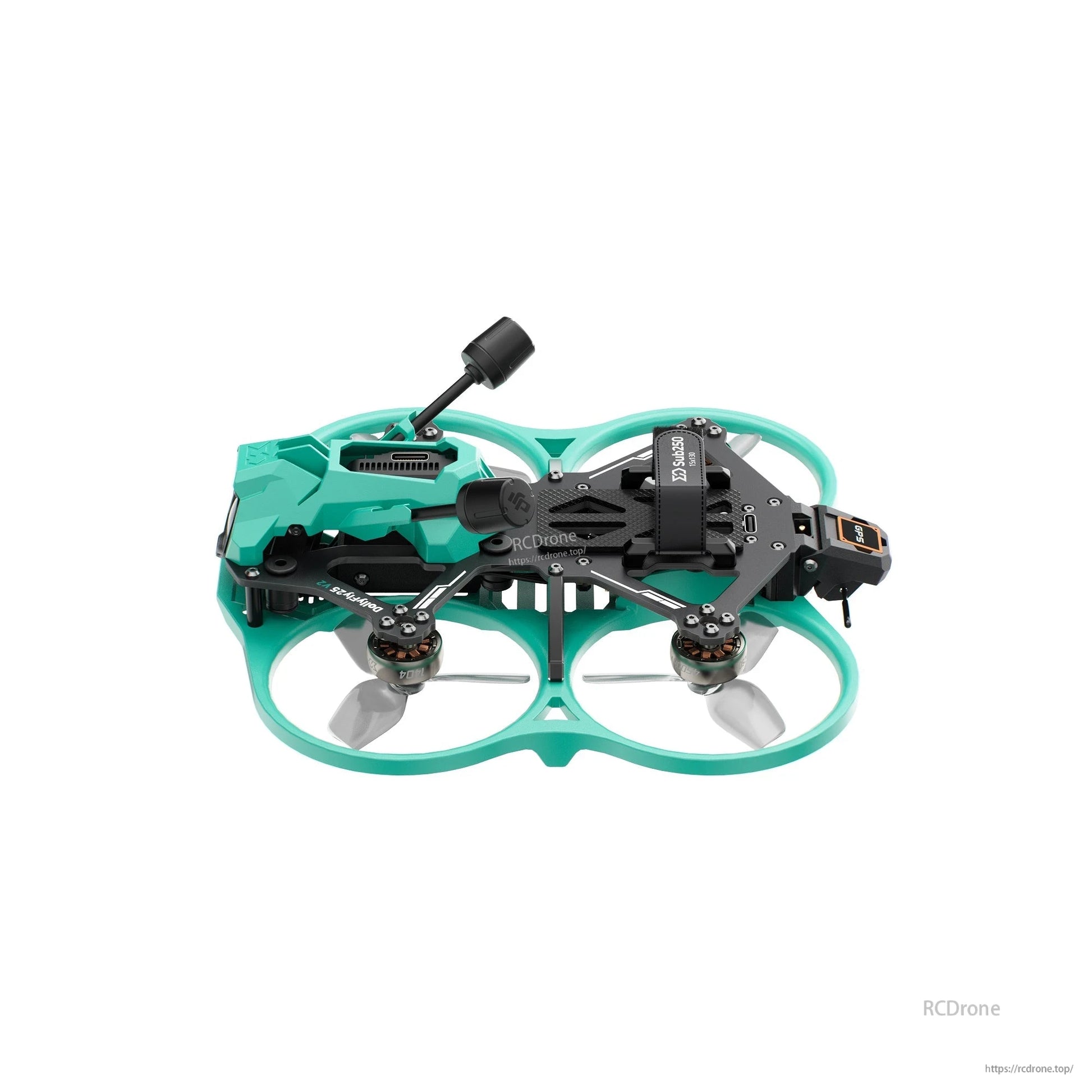 Side profile of ducted FPV drone showing low-slung frame, camera canopy, and rear-mounted electronics