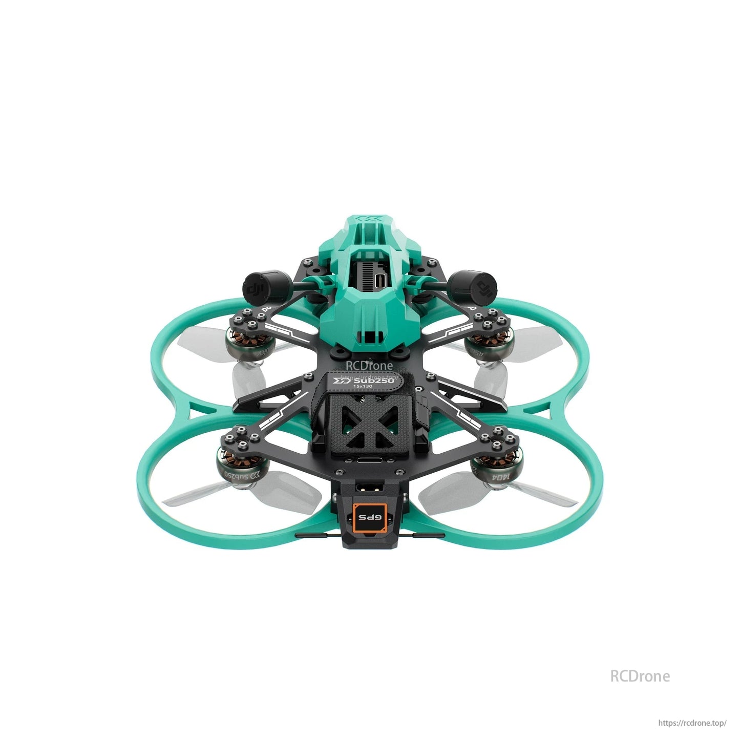 Front view of Sub250 DollyFly25 V2 cinewhoop drone with four ducts, propellers, and front camera housing