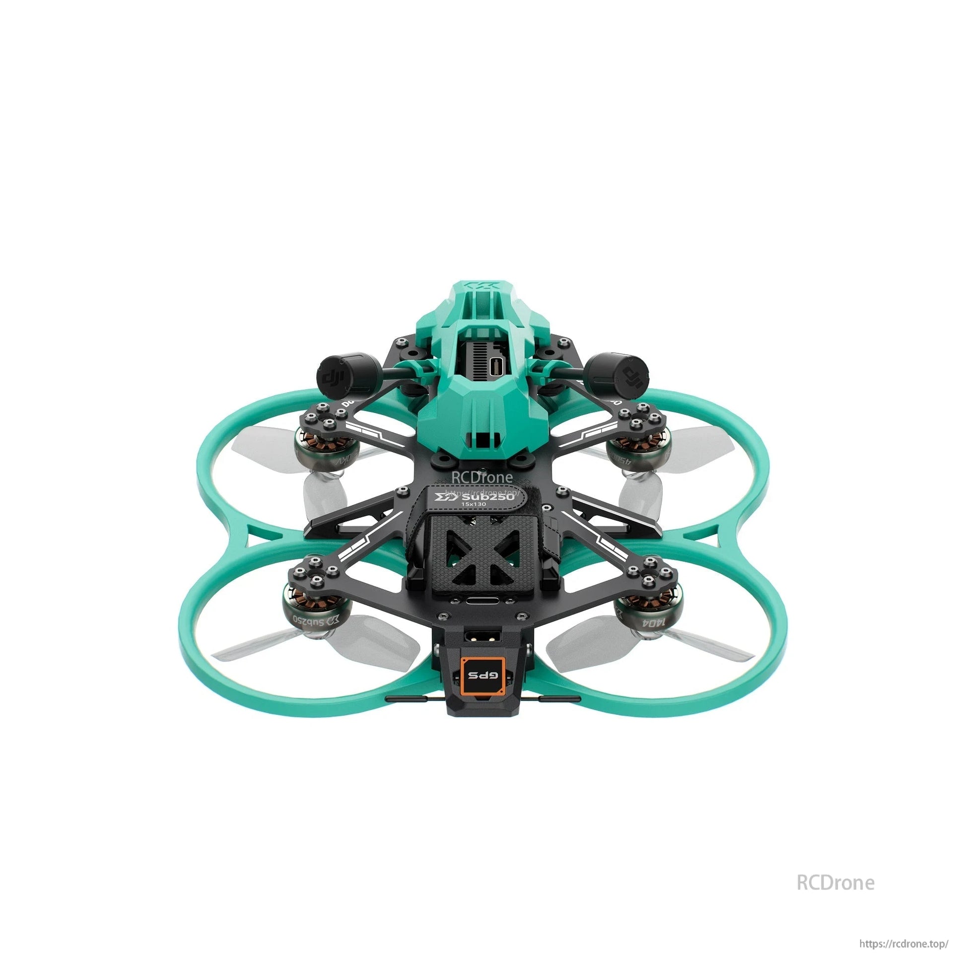 Front view of Sub250 DollyFly25 V2 cinewhoop drone with four ducts, propellers, and front camera housing