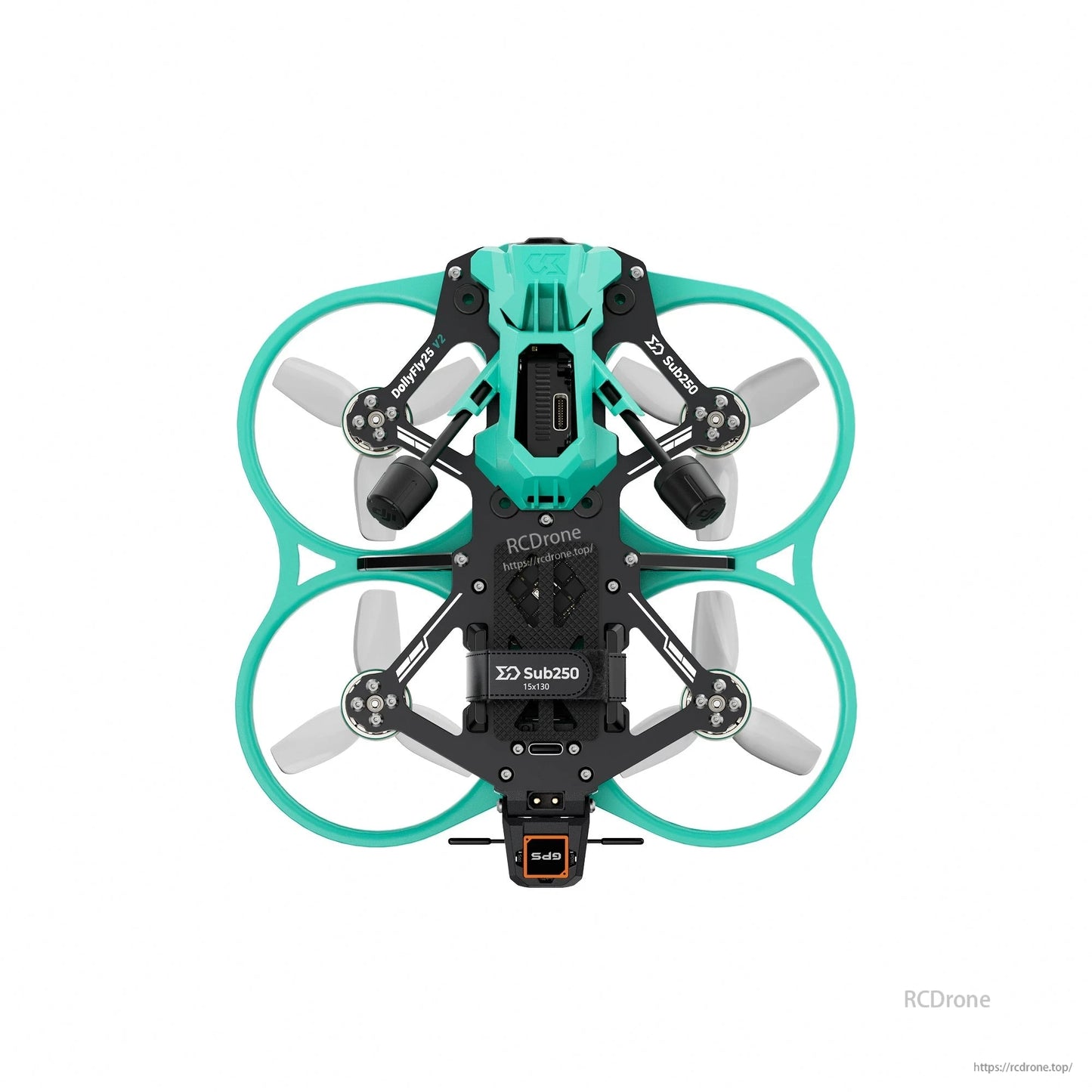 Top-down view of cinewhoop drone showing turquoise ducts, frame plates, and electronics stack placement