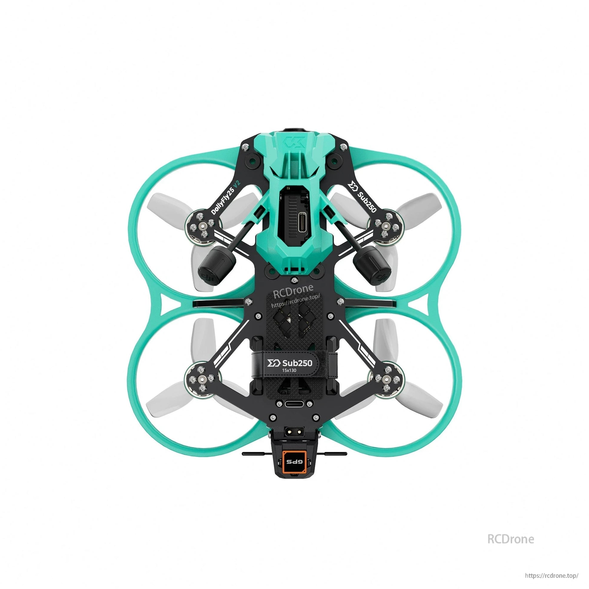 Top-down view of cinewhoop drone showing turquoise ducts, frame plates, and electronics stack placement
