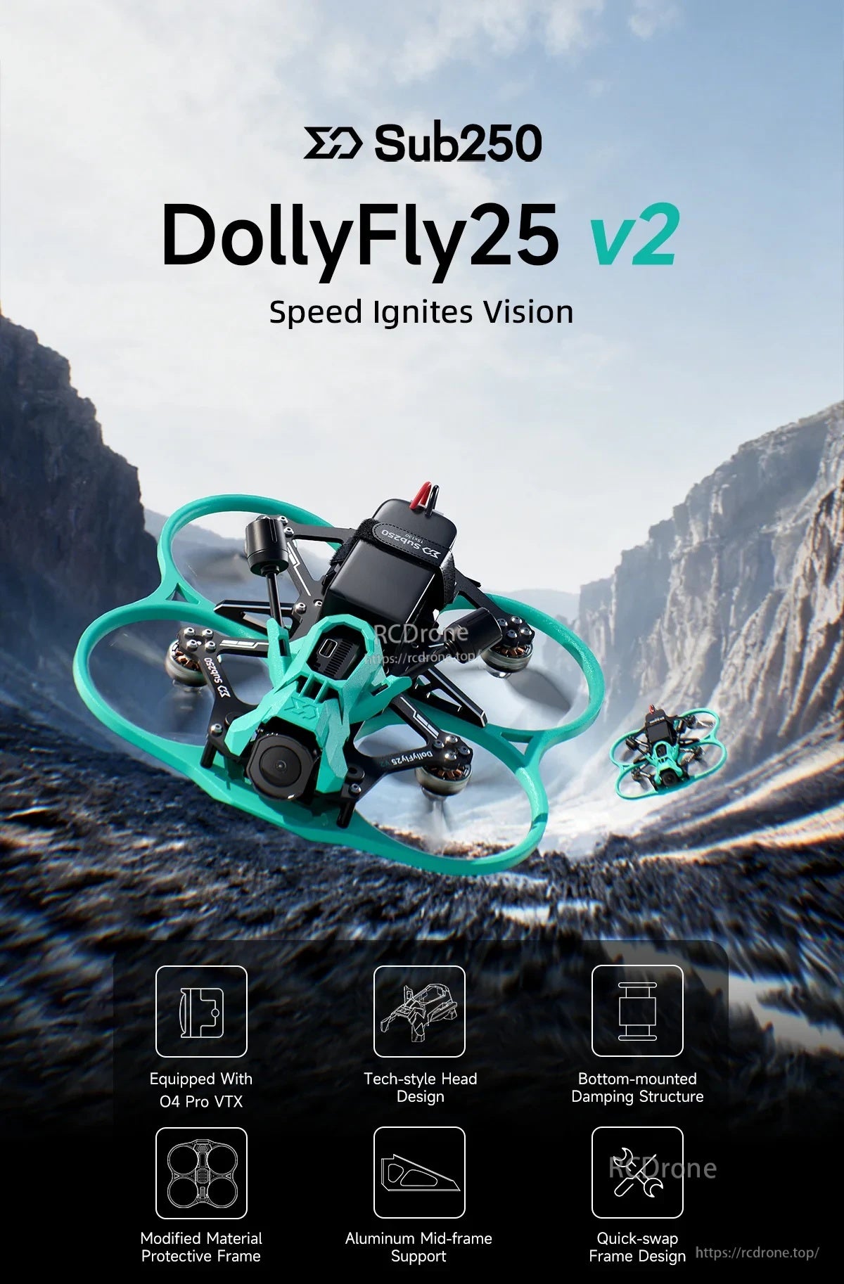 Sub250 DollyFly25 V2 2.5-inch 4S CineWhoop drone with DJI O4 Air Unit Pro and SUB-M10 GPS