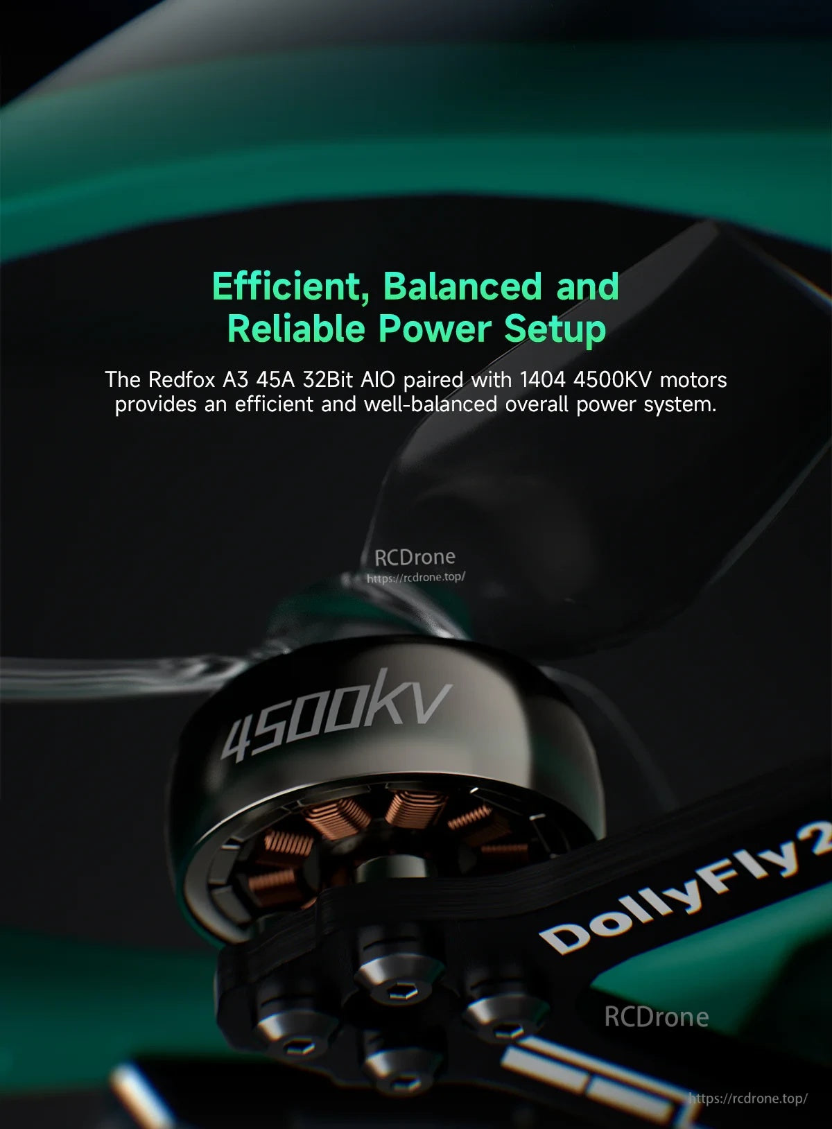 Close-up of Sub250 1404 4500KV motor on DollyFly25 V2 with duct guard and carbon/aluminum mid-frame support