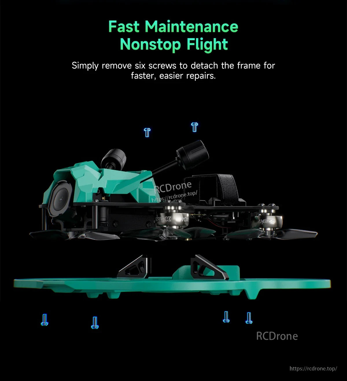 Exploded view of DollyFly25 V2 quick-swap frame; six screws remove the protective duct frame for fast maintenance