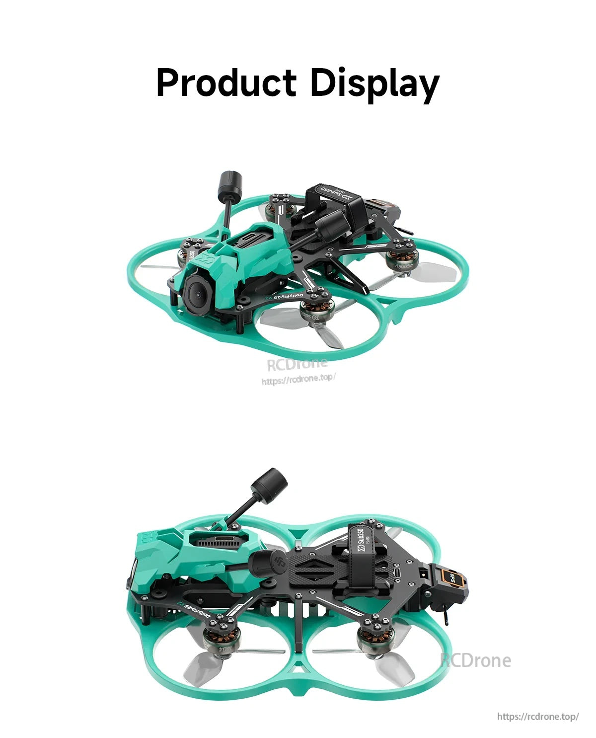 Sub250 DollyFly25 V2 cinewhoop product display—angled front view and side profile highlighting ducted prop guards