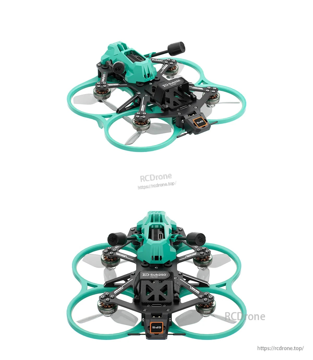 Top and front product views of DollyFly25 V2 showing canopy, antenna position, carbon plate, and rear GPS mount area
