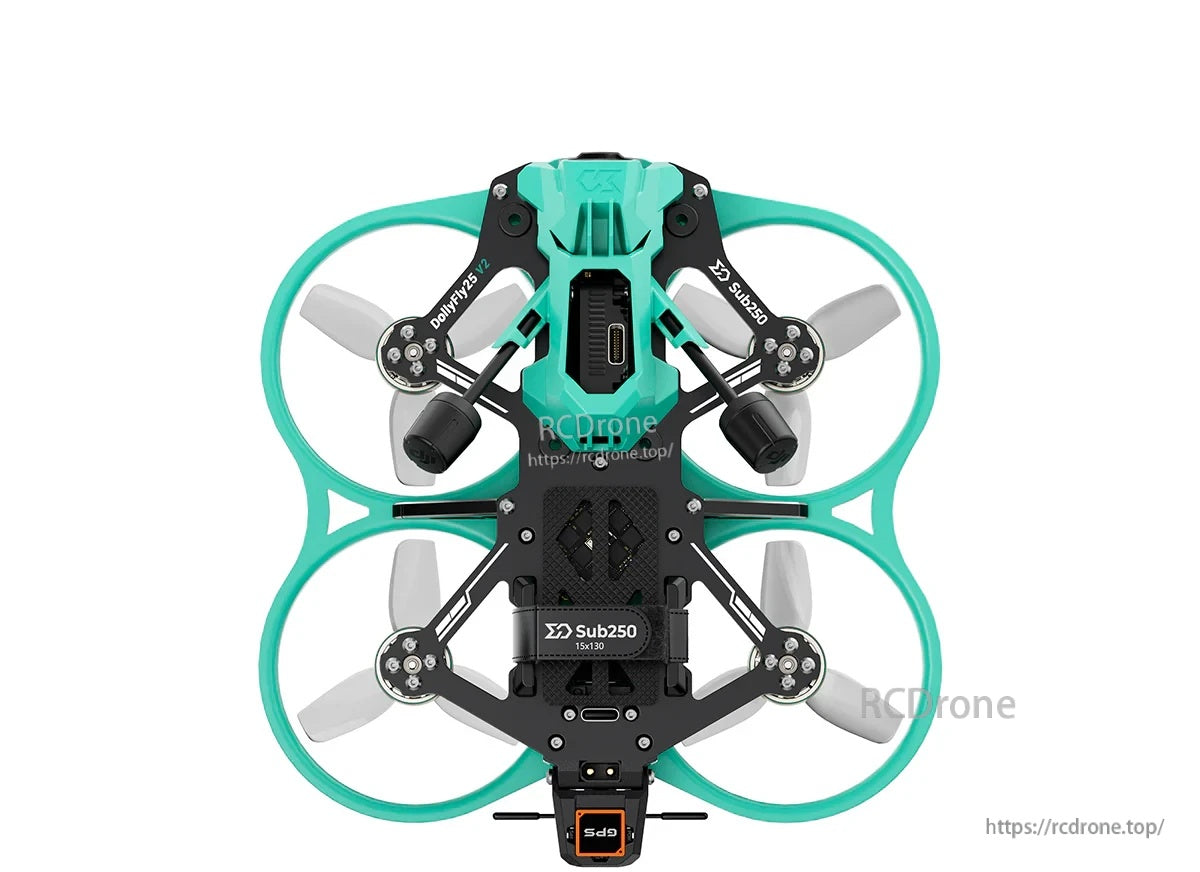 Top-down view of DollyFly25 V2 2.5-inch ducted cinewhoop frame showing full prop guard layout and electronics stack