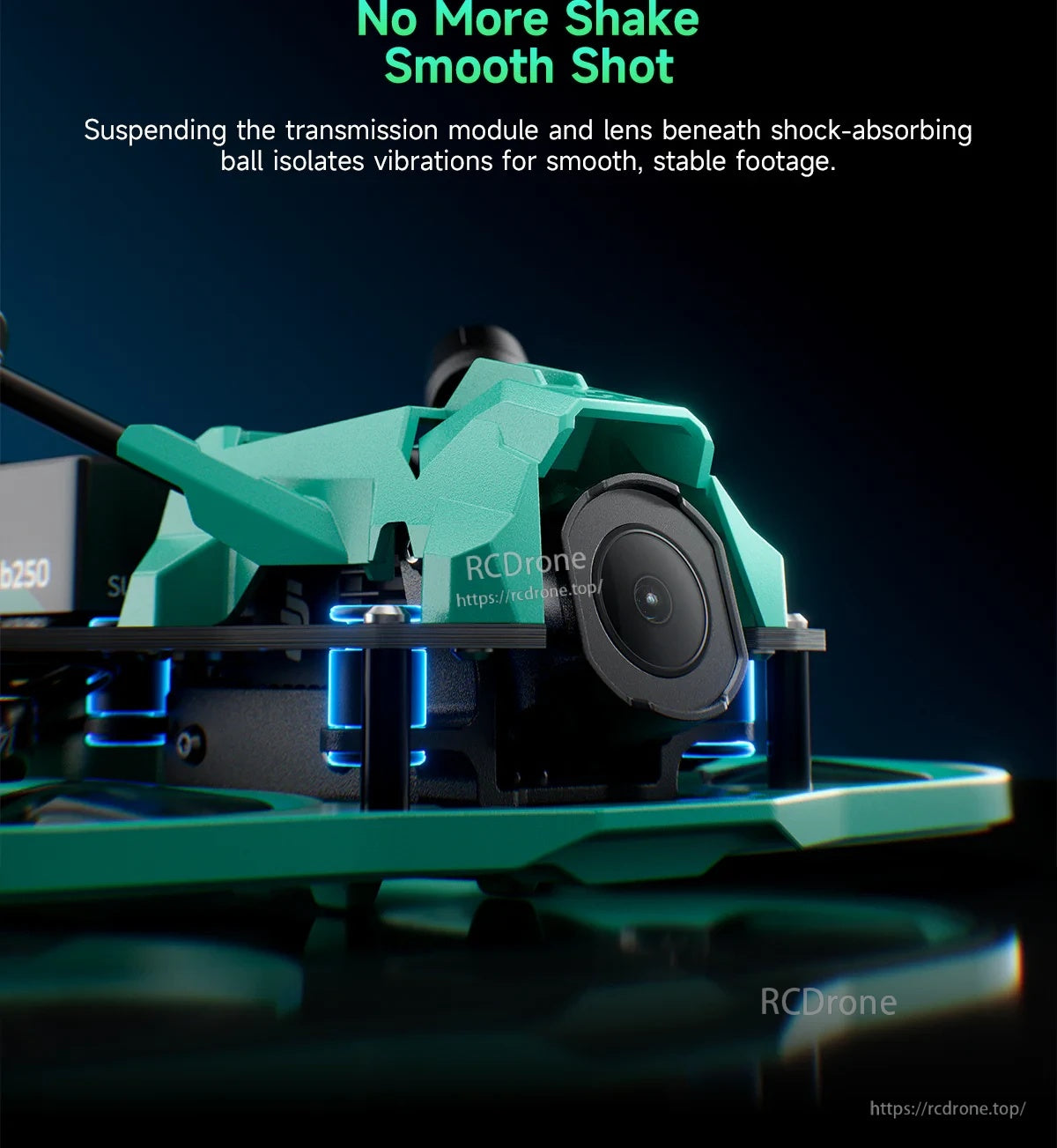 Four-point suspended camera/transmission mount on DollyFly25 V2 to reduce vibration for smoother footage
