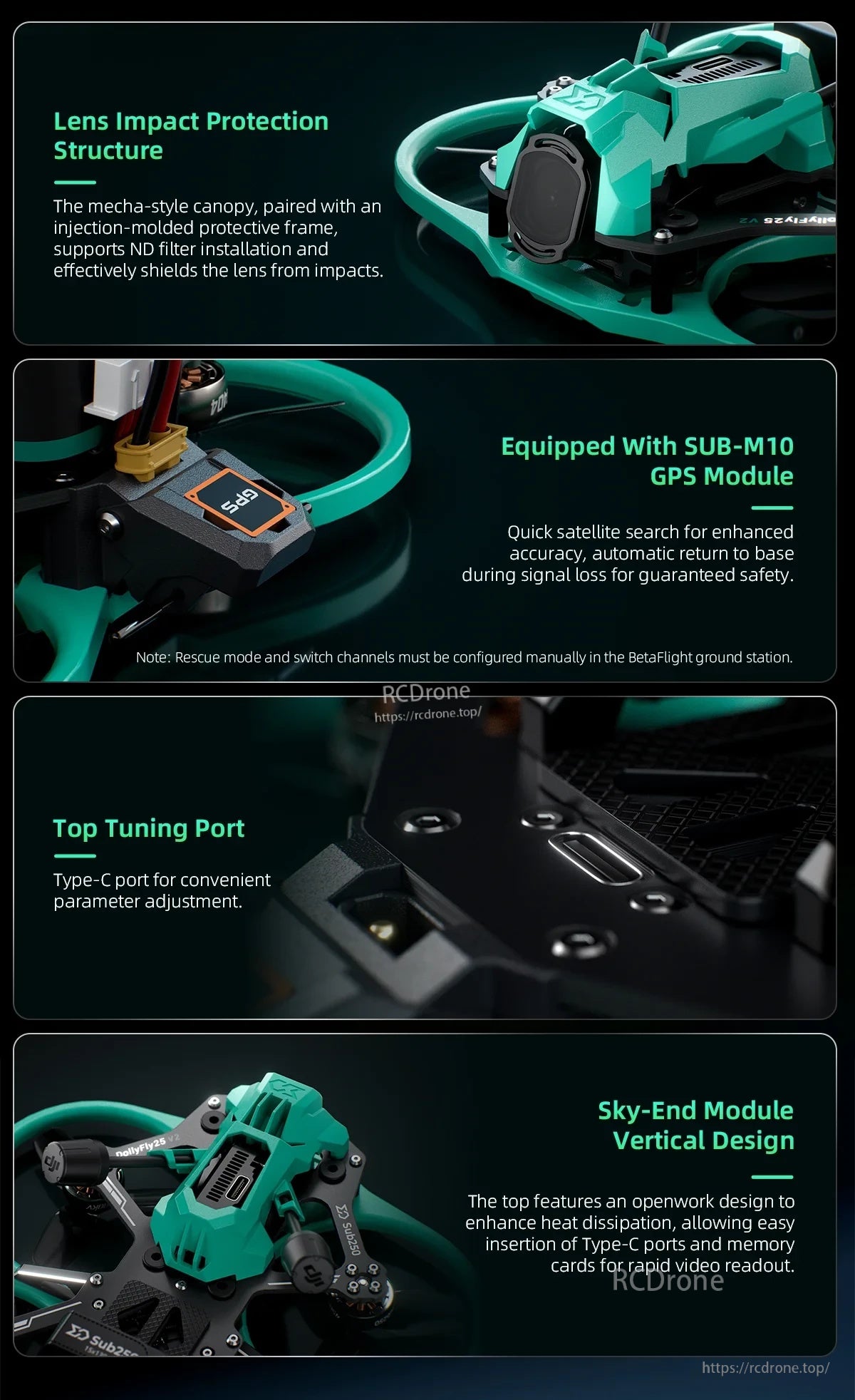 Close-up feature layout: lens impact guard, SUB-M10 GPS mount, Type‑C tuning port, and vertical sky-end module