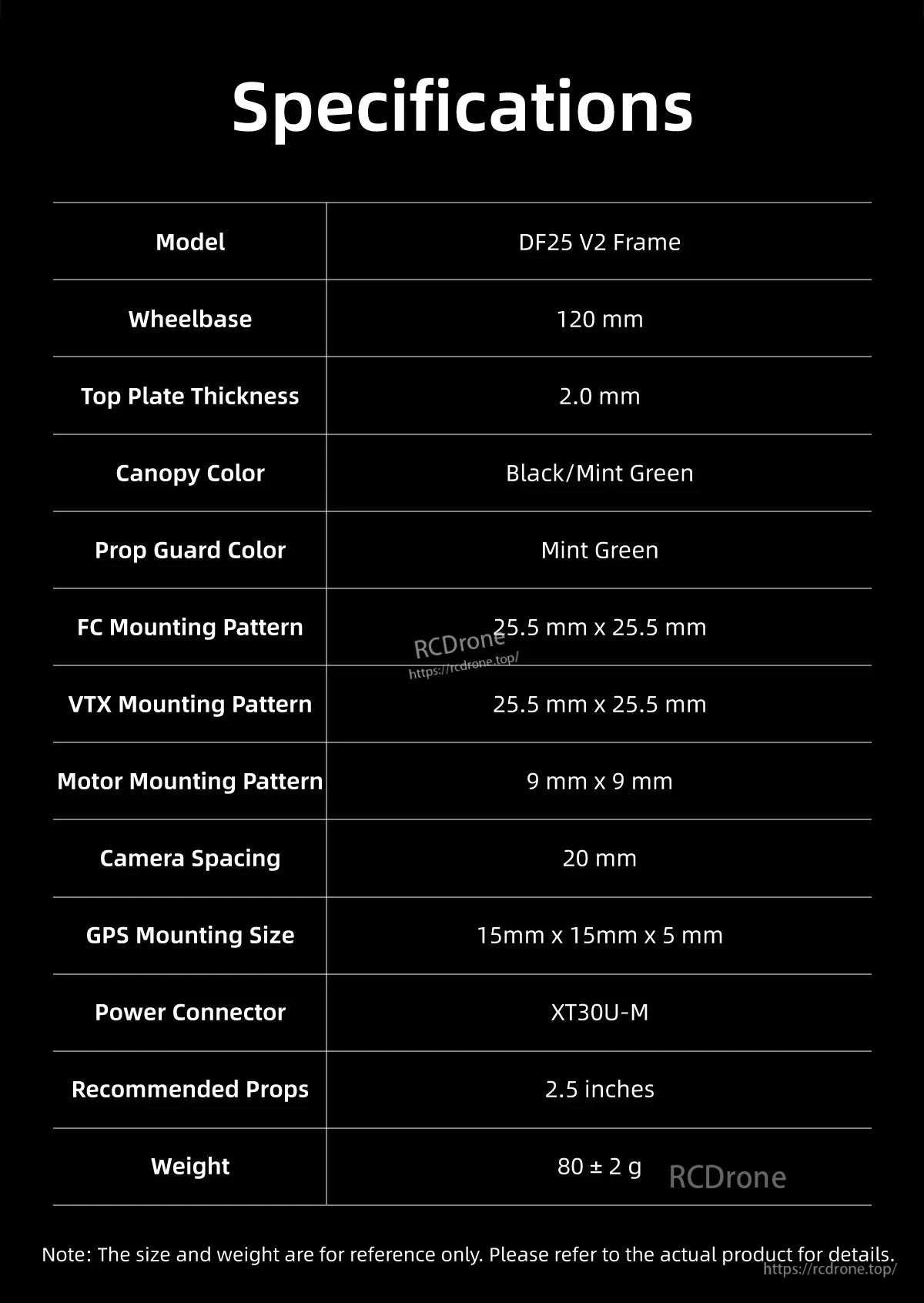DF25 V2 specifications table with 120mm wheelbase, 2.0mm top plate, 25.5x25.5 mounts, and XT30U-M power