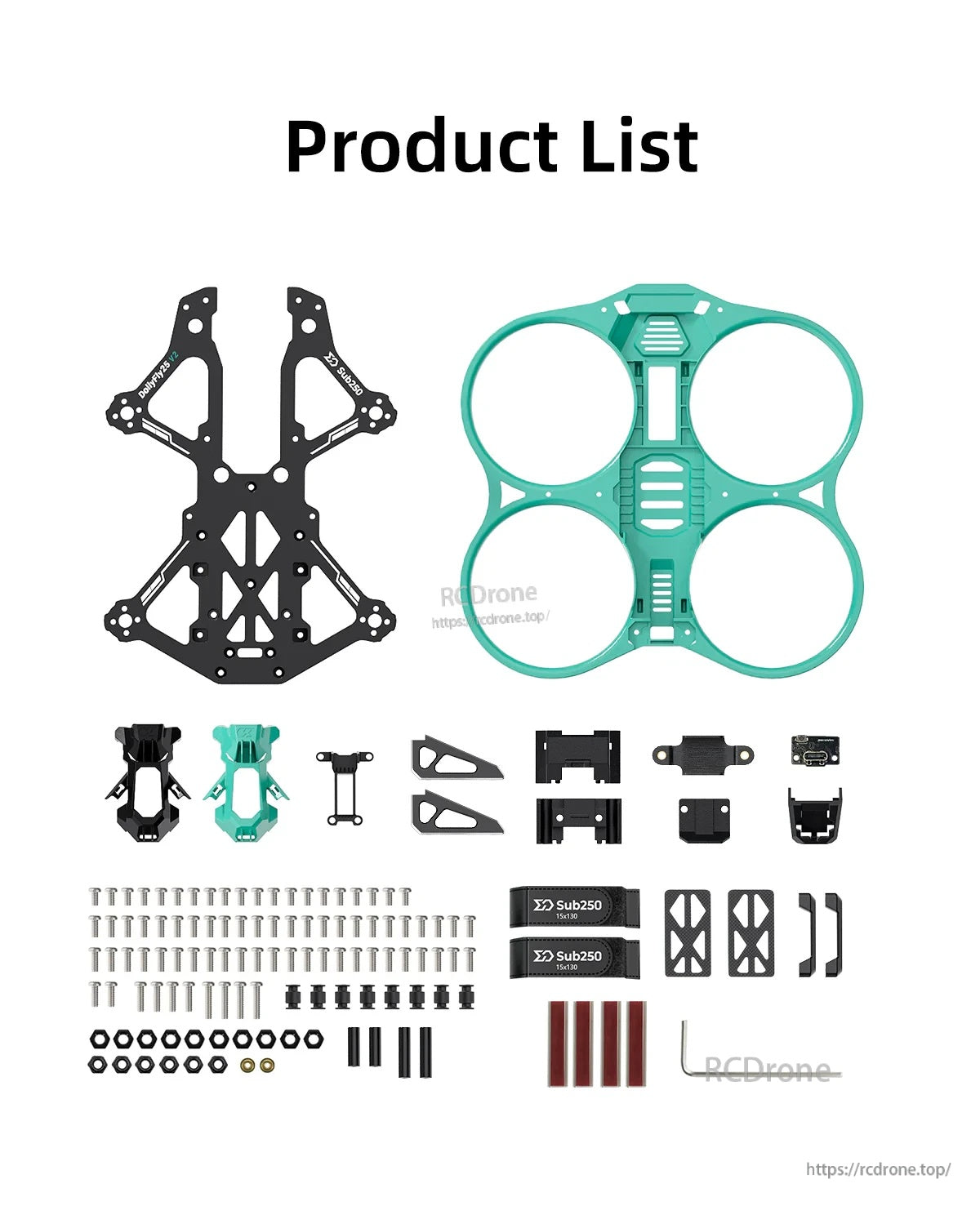DF25 V2 frame kit flat lay with carbon main plate, mint green prop guard, canopies, mounts, screws, and accessories