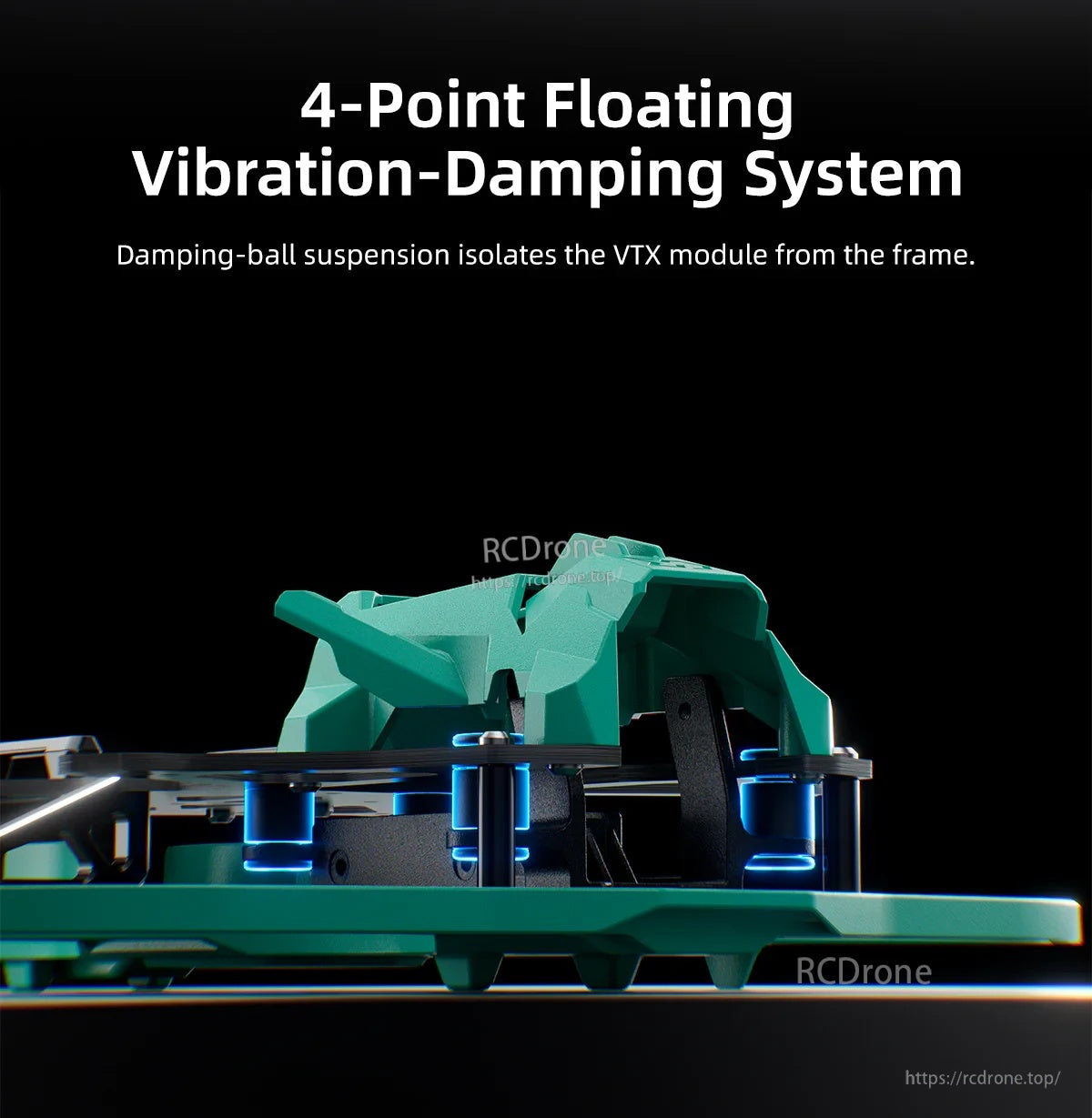 Close-up of DF25 V2 4-point floating vibration-damping system with damping balls under the canopy