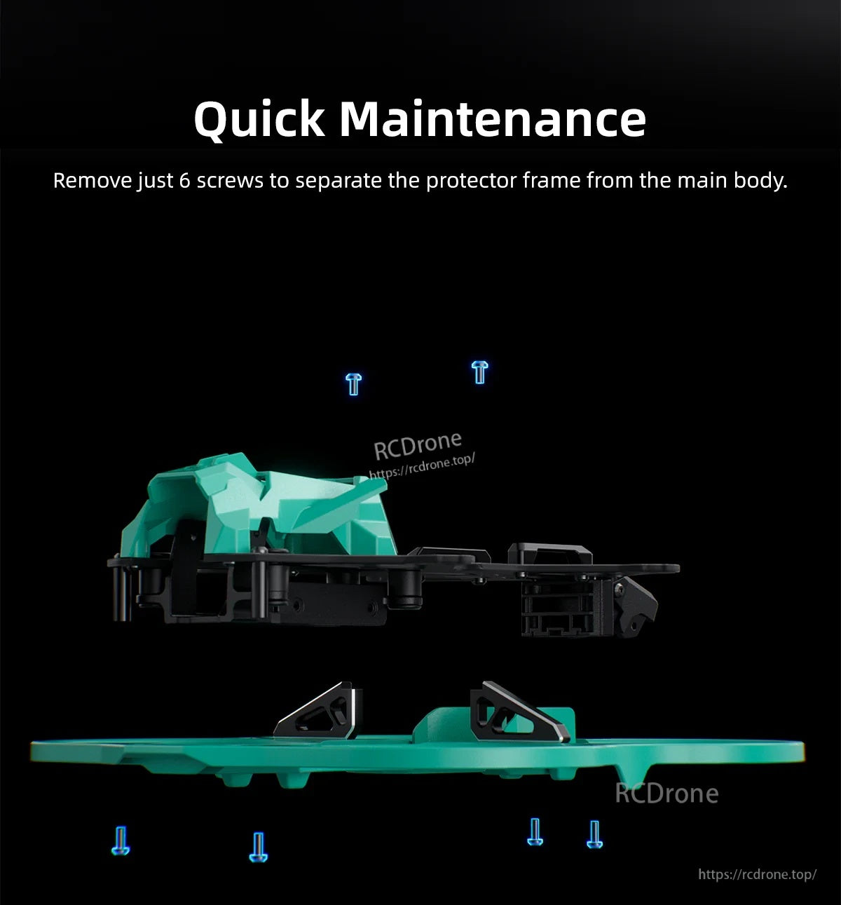 Exploded view of DF25 V2 showing 6-screw quick maintenance separation of protector frame and main body