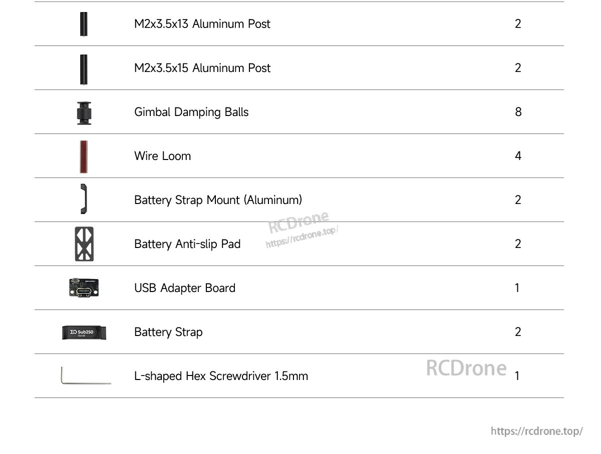 DF25 V2 hardware list with aluminum posts, gimbal damping balls, wire looms, battery straps, USB adapter board, and hex tool