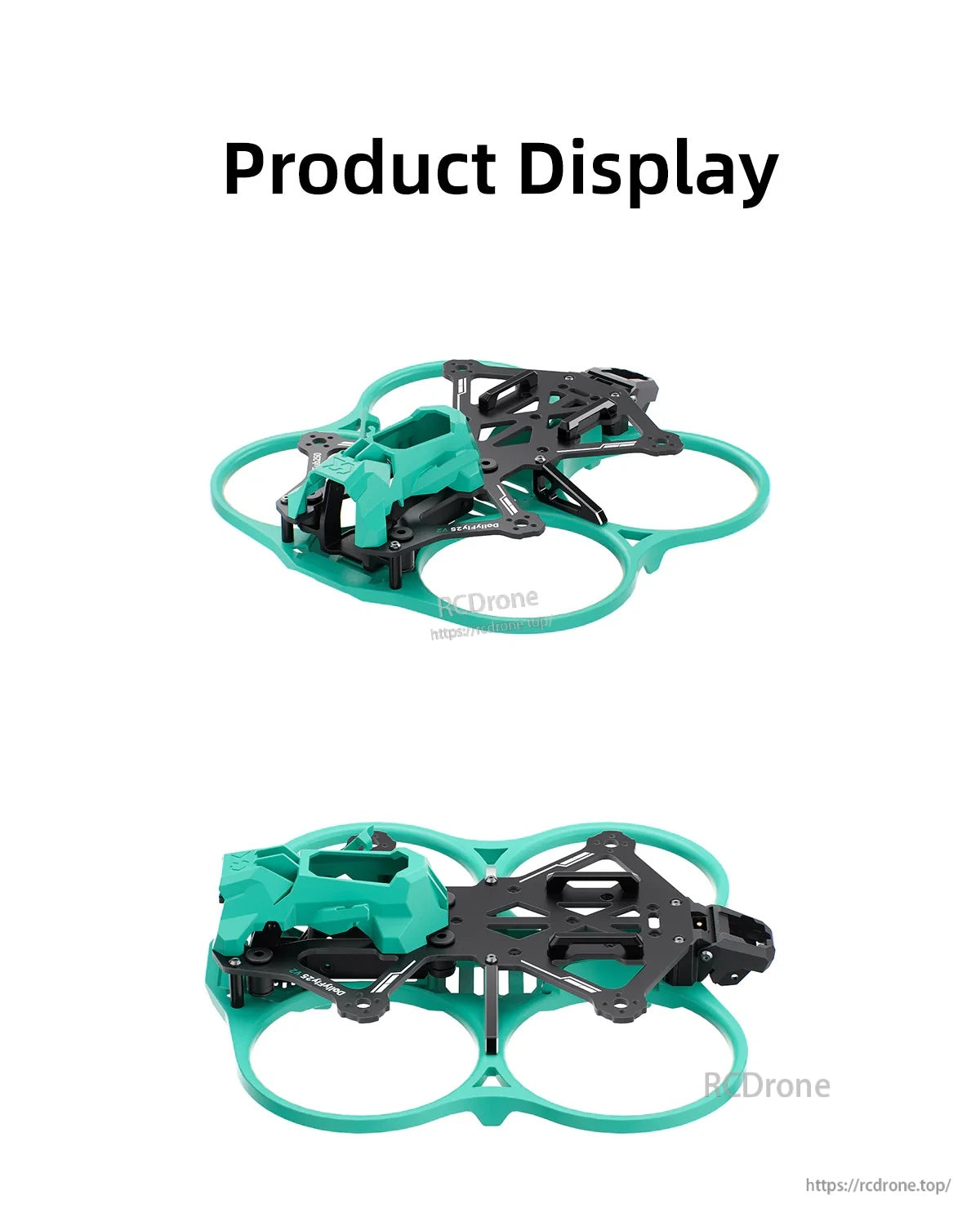 Sub250 DF25 V2 assembled frame views showing mint green prop guard rings and black carbon top plate